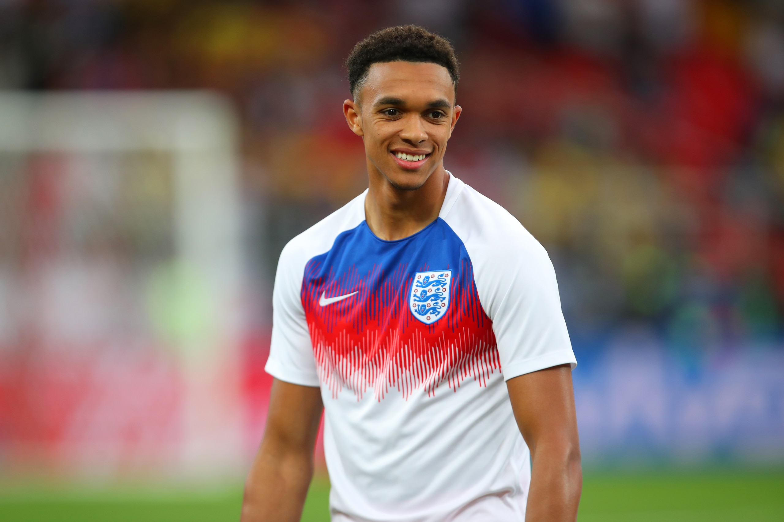 MOSCOW, RUSSIA - JULY 03:  Trent Alexander-Arnold of England warms up prior to the 2018 FIFA World Cup Russia Round of 16 match between Colombia and England at Spartak Stadium on July 3, 2018 in Moscow, Russia. (Photo by Robbie Jay Barratt - AMA/Getty Ima