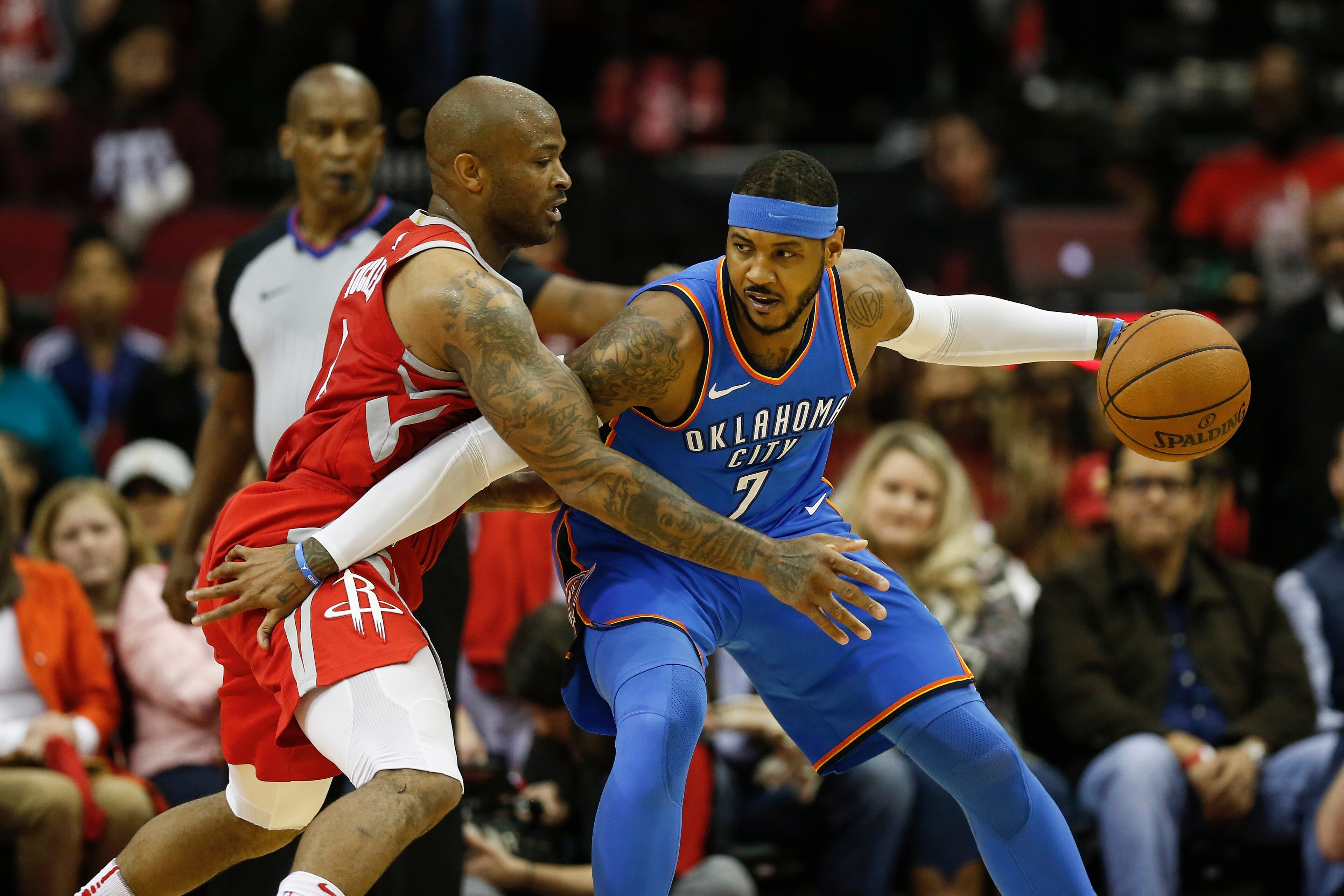 HOUSTON, TX - APRIL 07: PJ Tucker #4 of the Houston Rockets defends Carmelo Anthony #7 of the Oklahoma City Thunder in the first half at Toyota Center on April 7, 2018 in Houston, Texas. NOTE TO USER: User expressly acknowledges and agrees that, by down HOUSTON, TX - APRIL 07: PJ Tucker #4 of the Houston Rockets defends Carmelo Anthony #7 of the Oklahoma City Thunder in the first half at Toyota Center on April 7, 2018 in Houston, Texas. NOTE TO USER: User expressly acknowledges and agrees that, by down