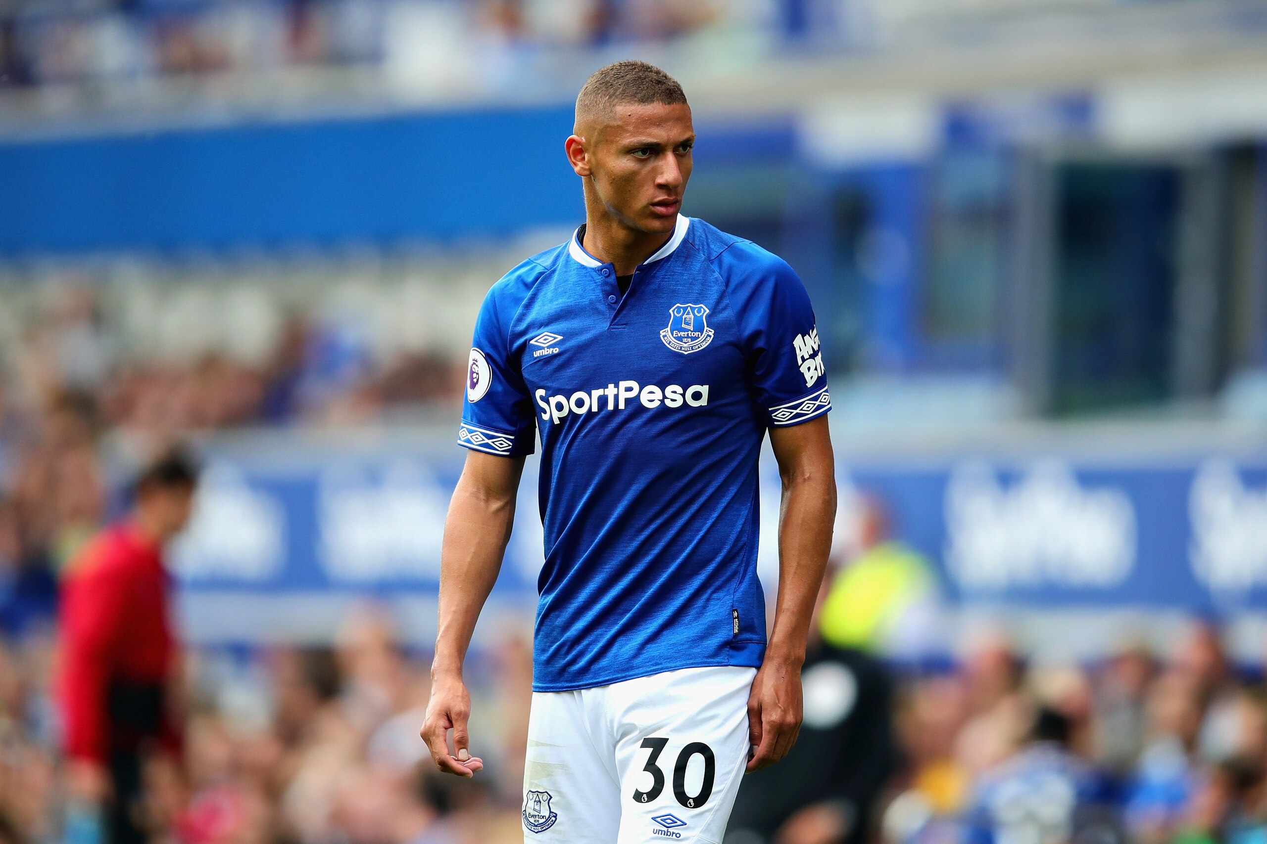 LIVERPOOL, ENGLAND - AUGUST 04:  Richarlison of Everton in action during the Pre-Season Friendly between Everton and Valencia at Goodison Park on August 4, 2018 in Liverpool, England.  (Photo by Chris Brunskill/Fantasista/Getty Images)