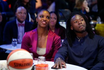 NEW YORK, NY - APRIL 12:  Diamond DeShields and Alvin Kamara prior to the WNBA Draft 2018 on April 12, 2018 at Nike New York Headquarters in New York, New York. NOTE TO USER: User expressly acknowledges and agrees that, by downloading and or using this Ph