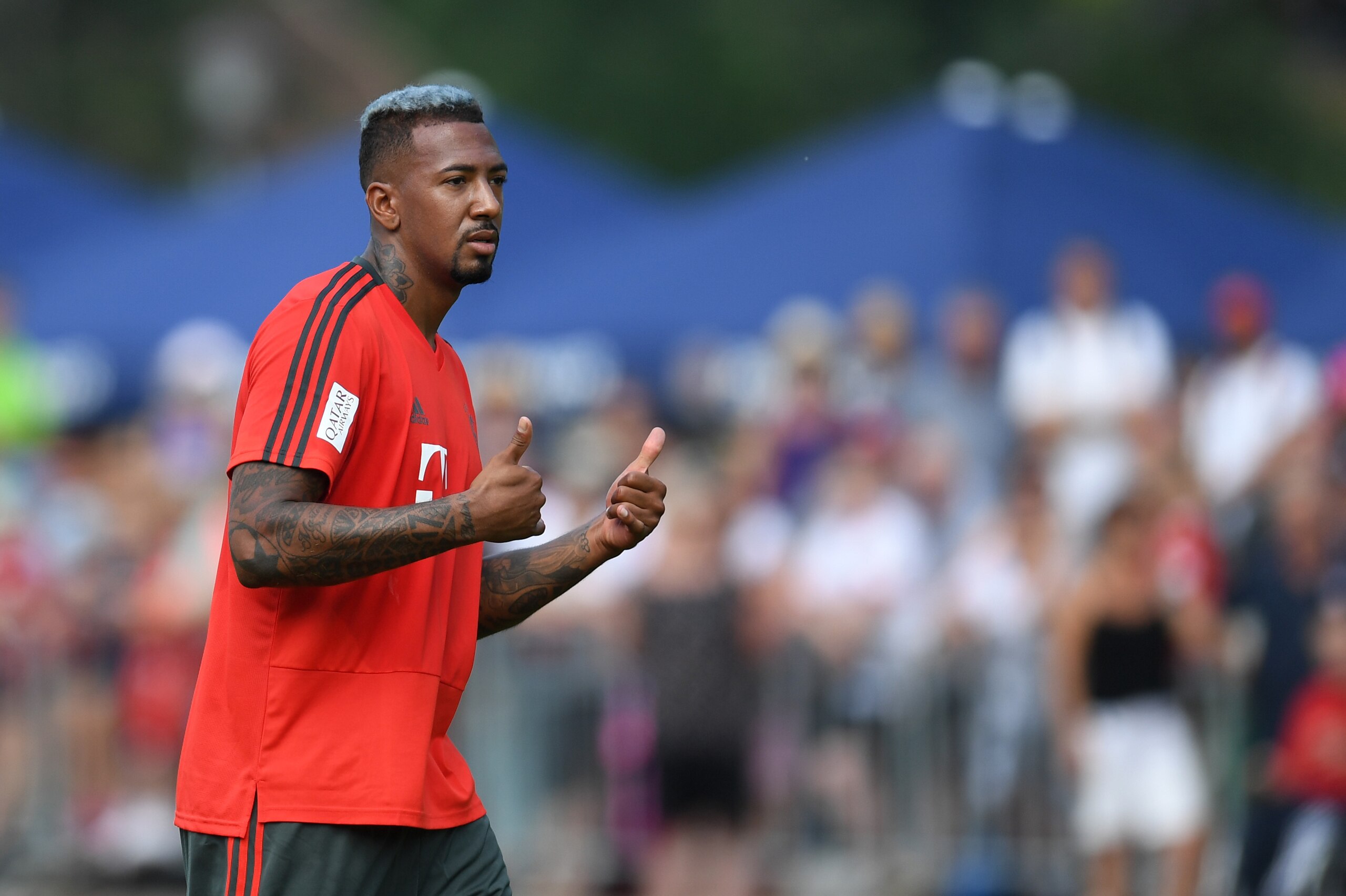 Bayern Munich's defender Jerome Boateng gestures during a team training session of the German first division Bundesliga team FC Bayern Munich in the team training camp in Rottach-Egern, southern Germany, on August 3, 2018. (Photo by Christof STACHE / AFP) Bayern Munich's defender Jerome Boateng gestures during a team training session of the German first division Bundesliga team FC Bayern Munich in the team training camp in Rottach-Egern, southern Germany, on August 3, 2018. (Photo by Christof STACHE / AFP)