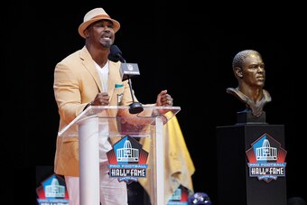 CANTON, OH - AUGUST 04: Brian Dawkins speaks during the 2018 NFL Hall of Fame Enshrinement Ceremony at Tom Benson Hall of Fame Stadium on August 4, 2018 in Canton, Ohio. (Photo by Joe Robbins/Getty Images)
