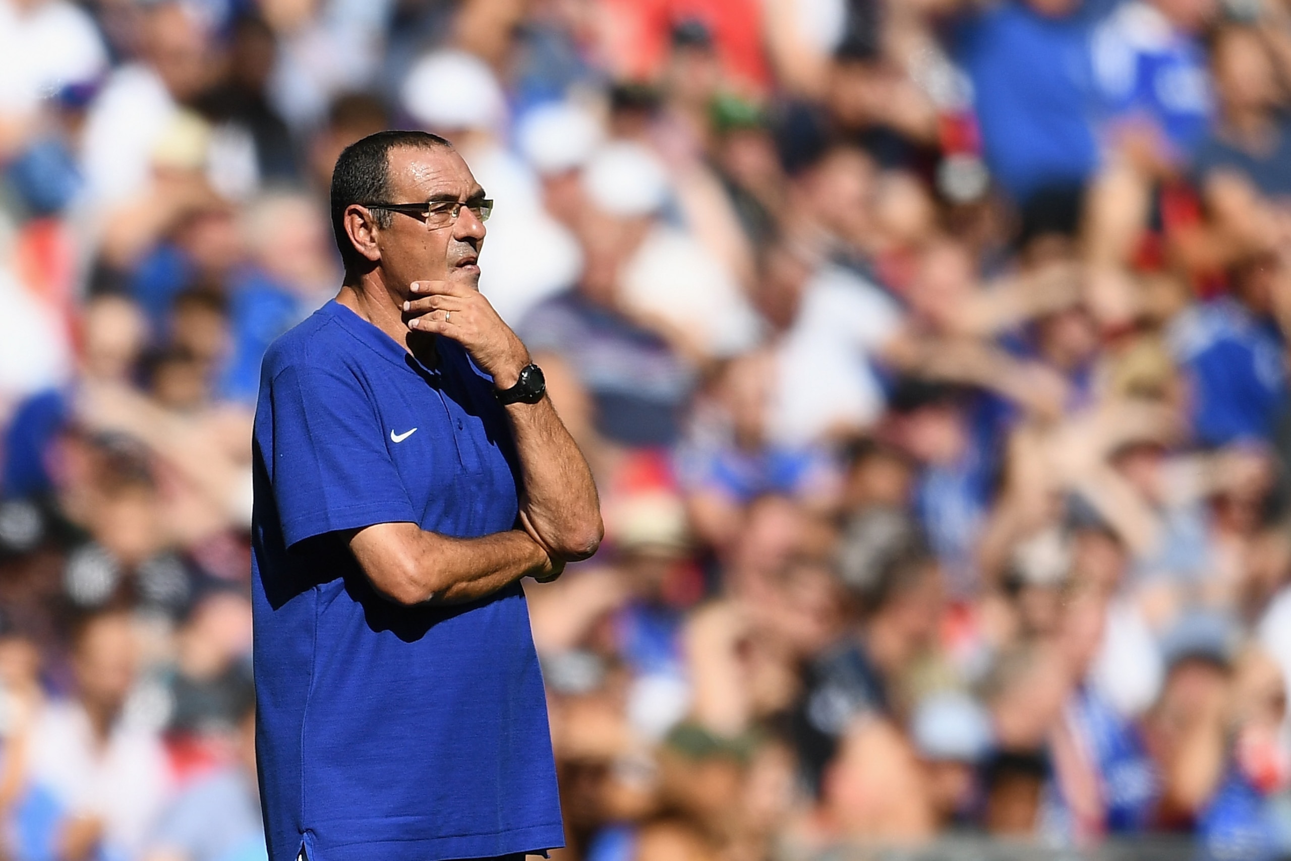 LONDON, ENGLAND - AUGUST 05:  Maurizio Sarri of Chelsea looks on during the FA Community Shield match between Manchester City and Chelsea at Wembley Stadium on August 5, 2018 in London, England.  (Photo by Clive Mason/Getty Images)
