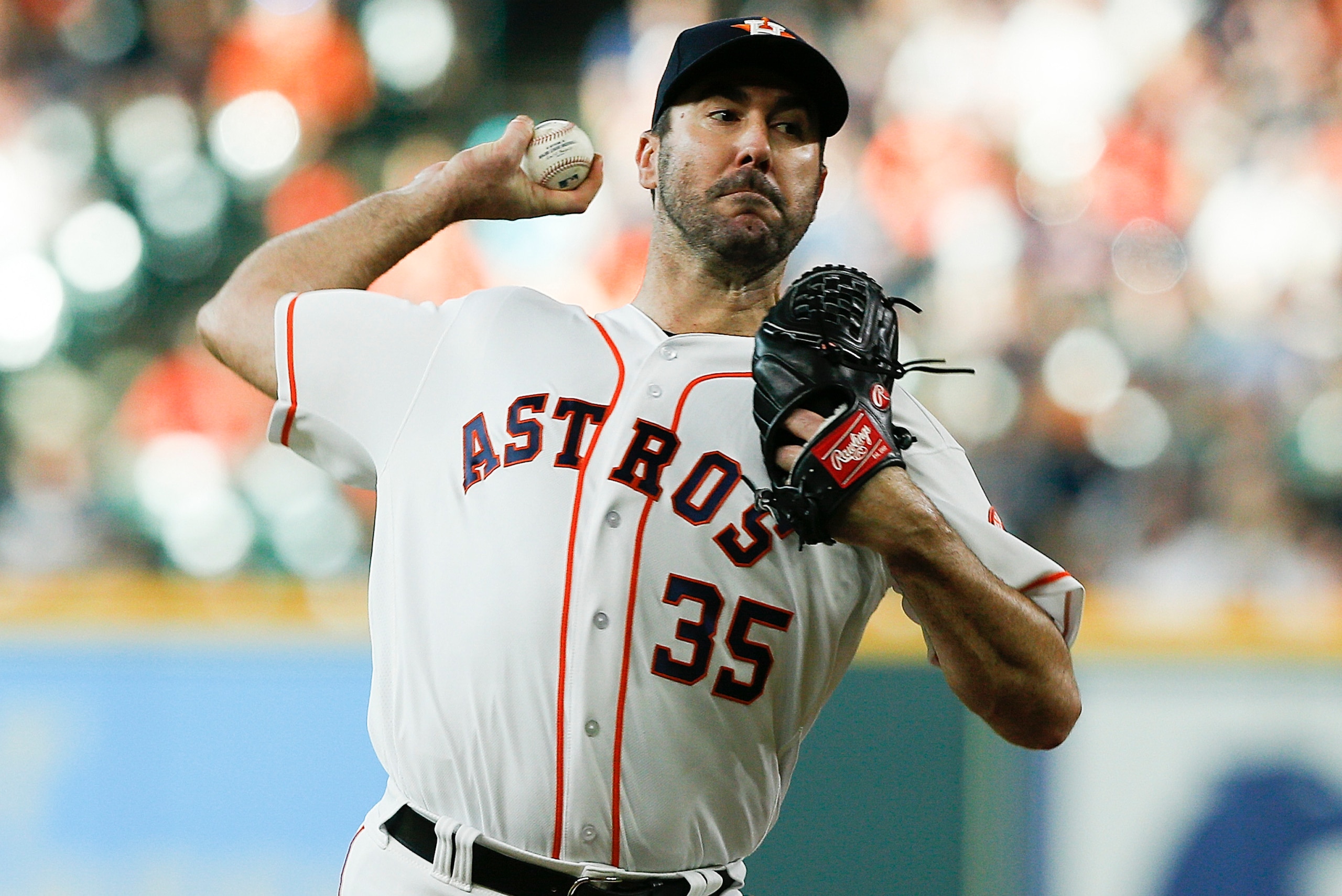 Justin Verlander pitches in the first inning against the Texas Rangers at Minute Maid Park on July 28, 2018 in Houston, Texas. Justin Verlander pitches in the first inning against the Texas Rangers at Minute Maid Park on July 28, 2018 in Houston, Texas.