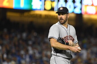 LOS ANGELES, CA - AUGUST 03:  Justin Verlander #35 of the Houston Astros on the mound after two outs in the eighth inning of the game against the Los Angeles Dodgers at Dodger Stadium on August 3, 2018 in Los Angeles, California.  (Photo by Jayne Kamin-On