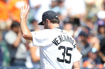 Justin Verlander waves to the fans after the final out of the eighth inning of a game against Minnesota.