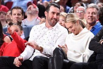 HOUSTON, TX - APRIL 5:  Justin Verlander and Kate Upton during the game between the Houston Rockets and the Portland Trail Blazers on April 5, 2018 at the Toyota Center in Houston, Texas. NOTE TO USER: User expressly acknowledges and agrees that, by downl