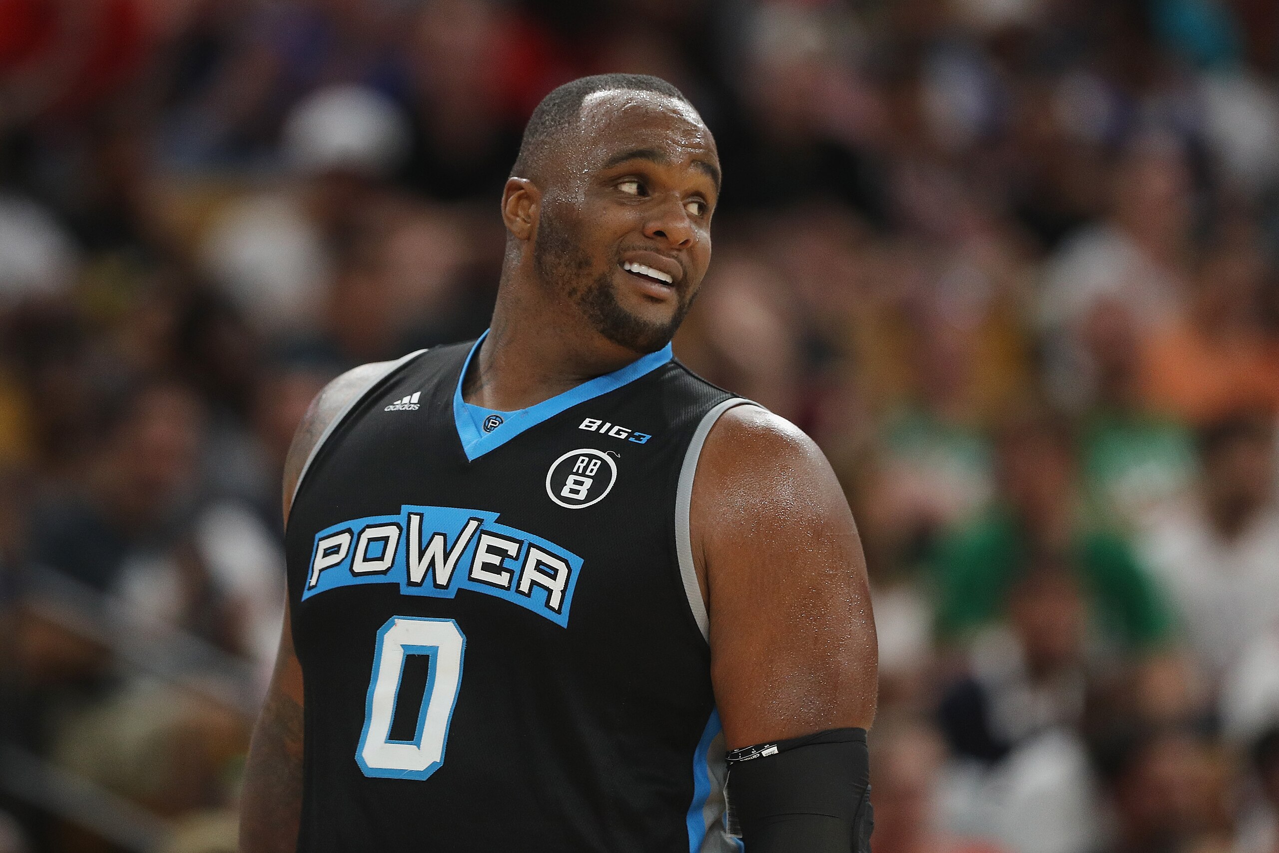 BOSTON, MA - AUGUST 03:  Glen Davis #0 of Power reacts against 3 Headed Monsters during week seven of the BIG3 three on three basketball league at TD Garden on August 3, 2018 in Boston, Massachusetts.  (Photo by Maddie Meyer/BIG3/Getty Images)