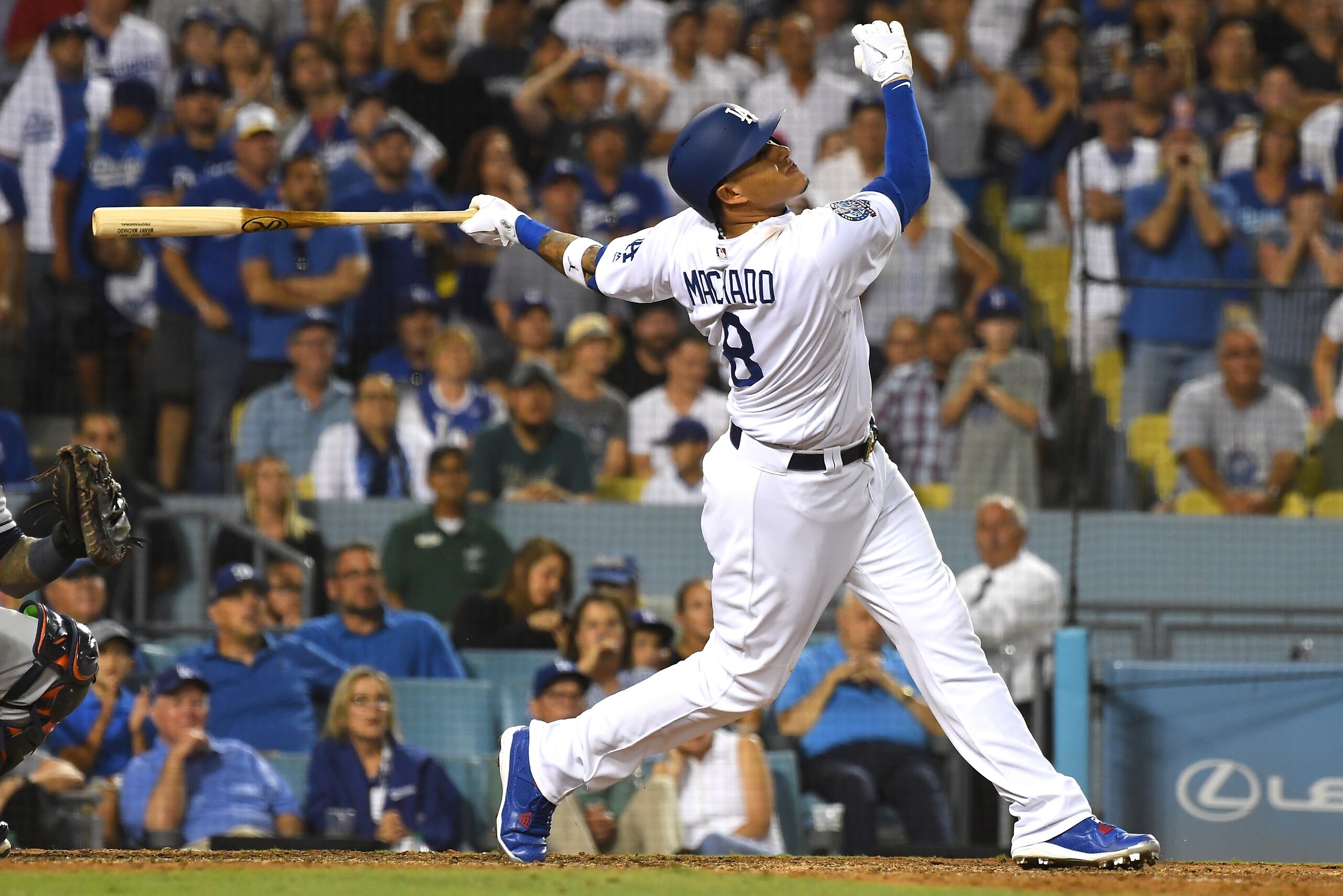 LOS ANGELES, CA - AUGUST 03:  Manny Machado #8 of the Los Angeles Dodgers at bat in the game against the Houston Astros at Dodger Stadium on August 3, 2018 in Los Angeles, California.  (Photo by Jayne Kamin-Oncea/Getty Images)