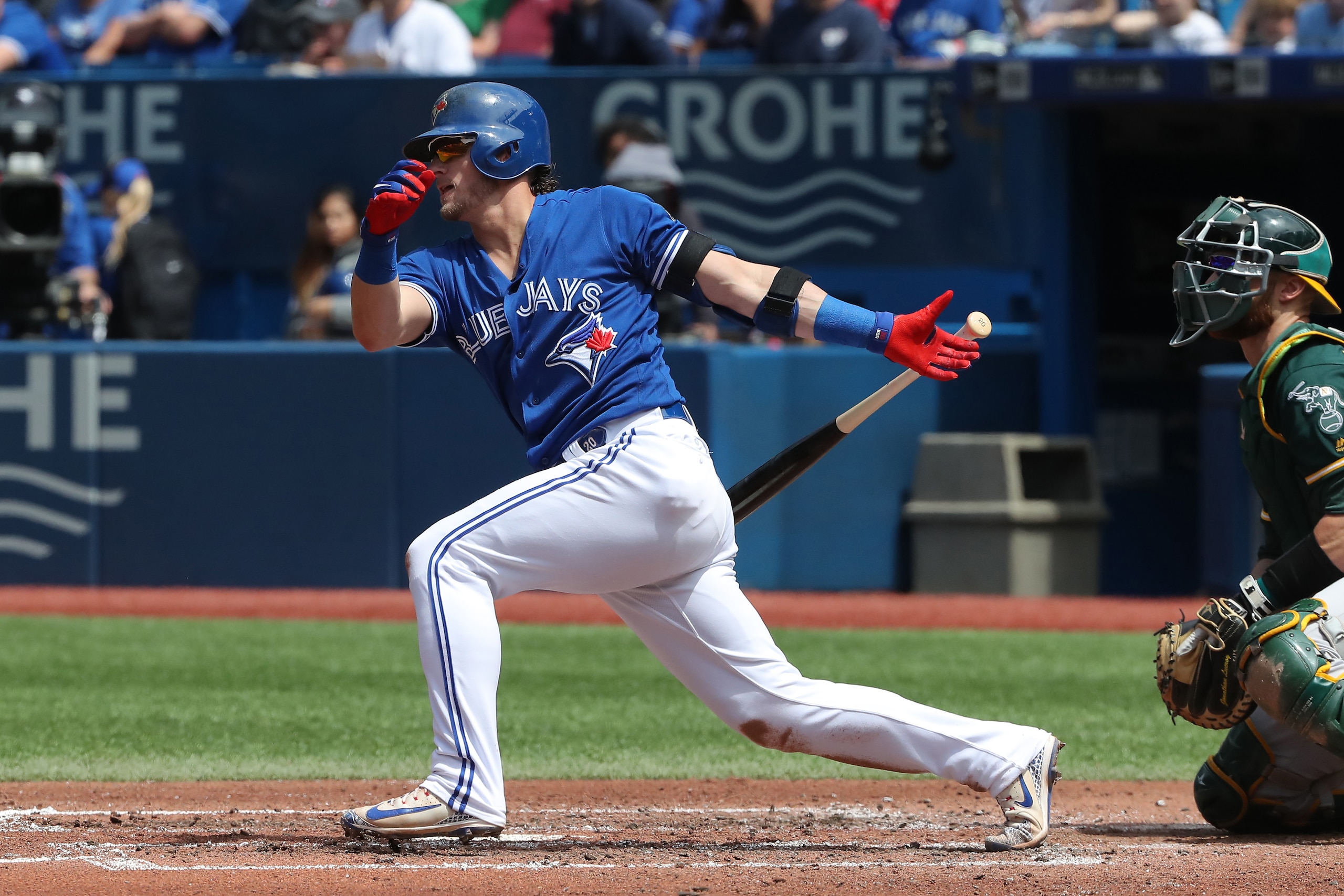 TORONTO, ON - MAY 20: Josh Donaldson #20 of the Toronto Blue Jays bats in the third inning during MLB game action against the Oakland Athletics at Rogers Centre on May 20, 2018 in Toronto, Canada. (Photo by Tom Szczerbowski/Getty Images) *** Local Caption