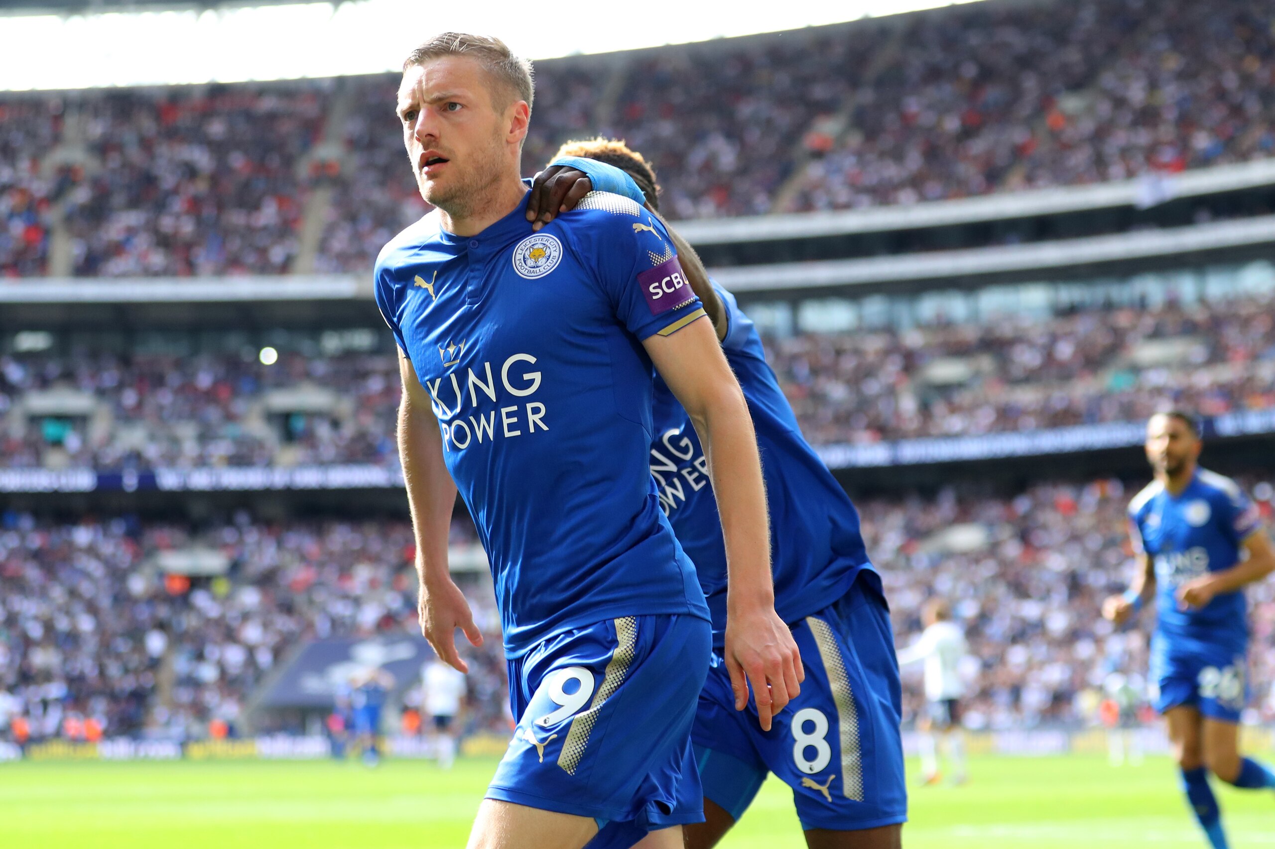 LONDON, ENGLAND - MAY 13:  Jamie Vardy of Leicester City celebrtes after scoring his side third goal during the Premier League match between Tottenham Hotspur and Leicester City at Wembley Stadium on May 13, 2018 in London, England.  (Photo by Warren Litt