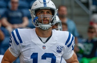 SEATTLE, WA - AUGUST 09:  Quarterback Andrew Luck #12 of the Indianapolis Colts runs onto the field prior to the game against the Seattle Seahawks at CenturyLink Field on August 9, 2018 in Seattle, Washington.  (Photo by Otto Greule Jr/Getty Images)