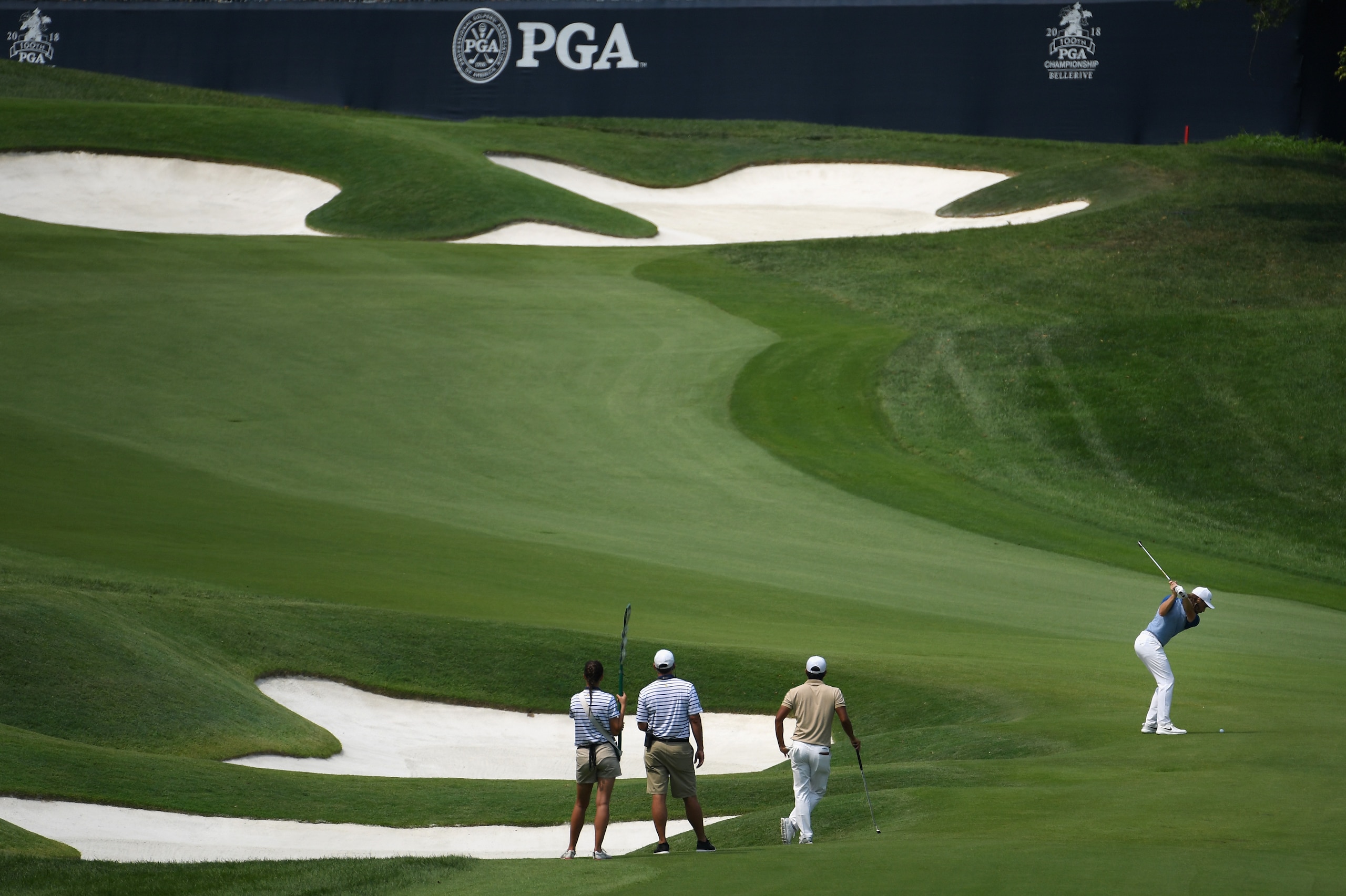 ST LOUIS, MO - AUGUST 12:  Tommy Fleetwood of England plays a shot on the ninth hole during the final round of the 2018 PGA Championship at Bellerive Country Club on August 12, 2018 in St Louis, Missouri.  (Photo by Ross Kinnaird/Getty Images)