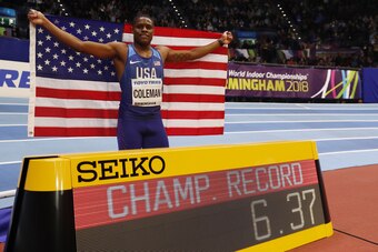 US athlete Christian Coleman celebrates winning the men's 60m final at the 2018 IAAF World Indoor Athletics Championships at the Arena in Birmingham on March 3, 2018. / AFP PHOTO / Adrian DENNIS        (Photo credit should read ADRIAN DENNIS/AFP/Getty Ima