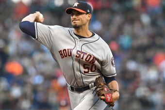 SAN FRANCISCO, CA - AUGUST 06:  Charlie Morton #50 of the Houston Astros pitches against the San Francisco Giants in the bottom of the first inning at AT&T Park on August 6, 2018 in San Francisco, California.  (Photo by Thearon W. Henderson/Getty Images)