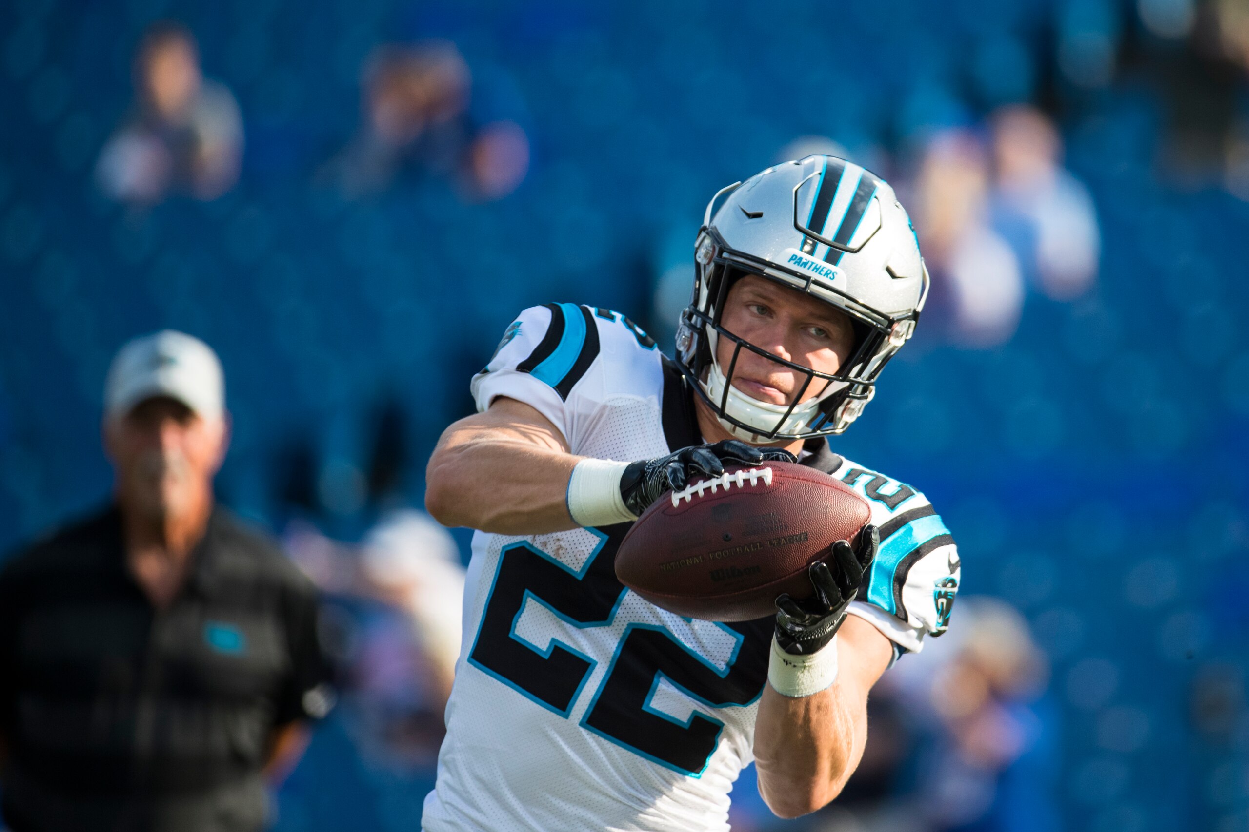 ORCHARD PARK, NY - AUGUST 09:  Christian McCaffrey #22 of the Carolina Panthers catches a pass while warming up for the game against the Buffalo Bills at New Era Field on August 9, 2018 in Orchard Park, New York. Carolina defeats Buffalo in the preseason 