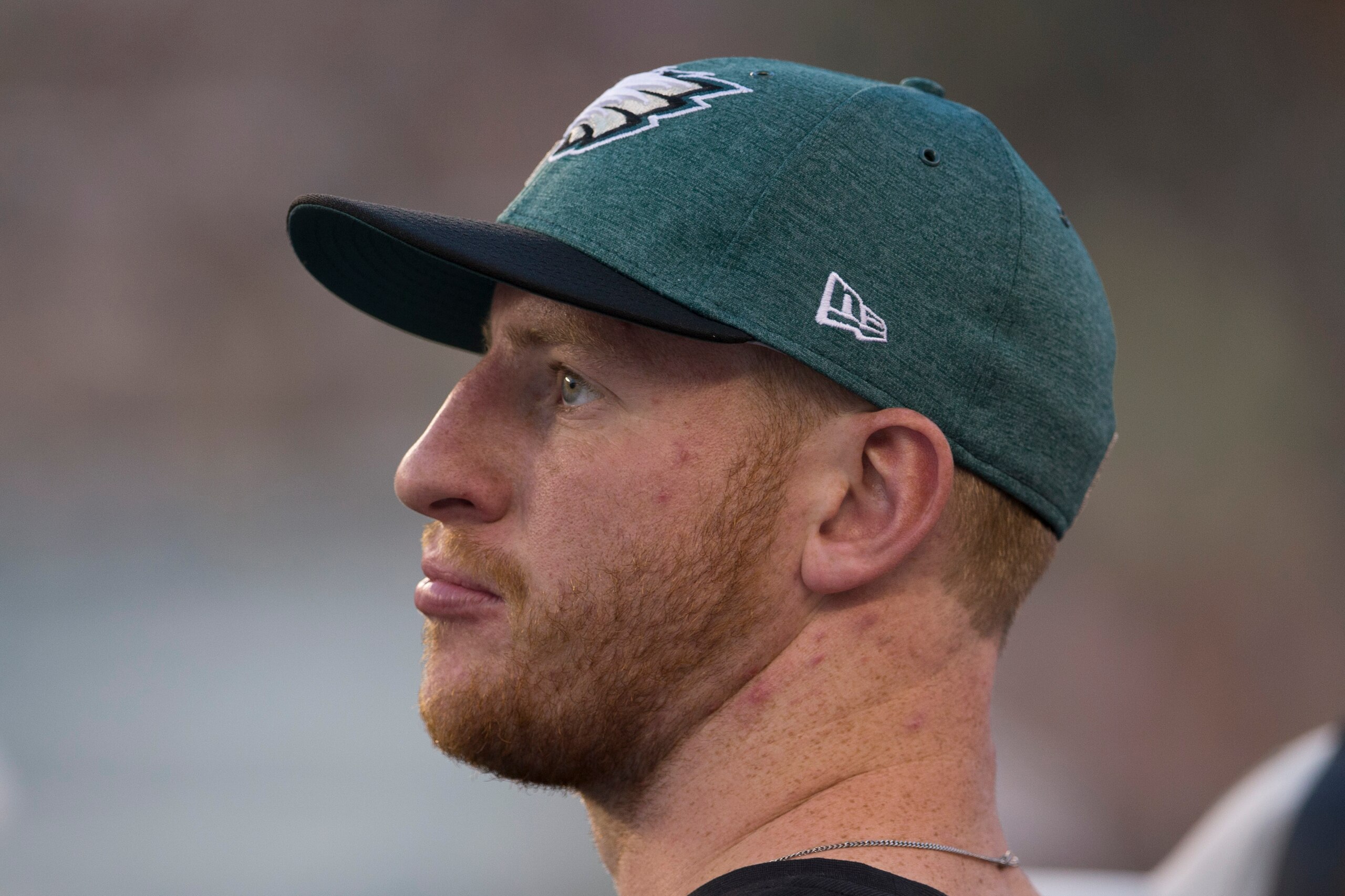 PHILADELPHIA, PA - AUGUST 09: Carson Wentz #11 of the Philadelphia Eagles looks on from the bench during the preseason game against the Pittsburgh Steelers at Lincoln Financial Field on August 9, 2018 in Philadelphia, Pennsylvania. (Photo by Mitchell Leff
