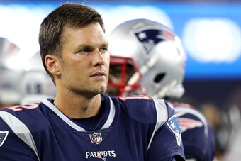 FOXBOROUGH, MA - AUGUST 9 : Tom Brady #12 of the New England Patriots looks on during the preseason game between the New England Patriots and the Washington Redskins at Gillette Stadium on August 9, 2018 in Foxborough, Massachusetts. (Photo by Maddie Meye