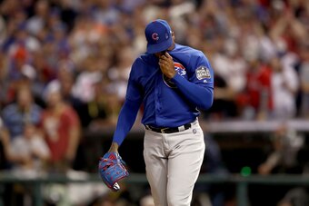 CLEVELAND, OH - NOVEMBER 02:  Aroldis Chapman #54 of the Chicago Cubs reacts after Rajai Davis #20 of the Cleveland Indians (not pictured) hit a two-run home run during the eighth inning to tie the game 6-6 in Game Seven of the 2016 World Series at Progre