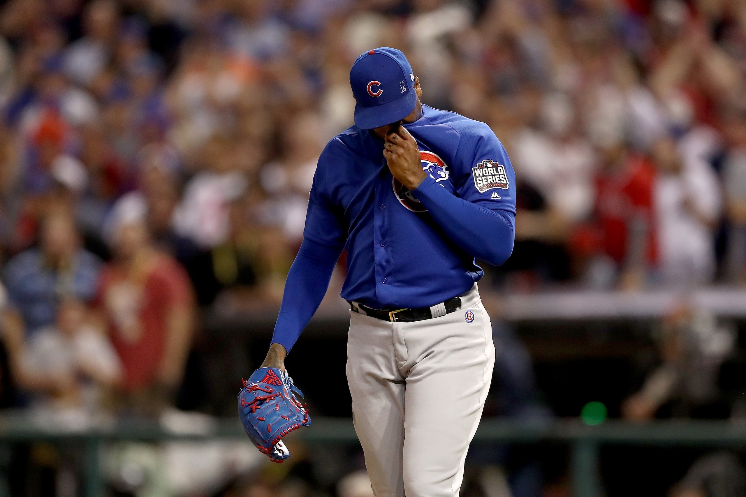 CLEVELAND, OH - NOVEMBER 02:  Aroldis Chapman #54 of the Chicago Cubs reacts after Rajai Davis #20 of the Cleveland Indians (not pictured) hit a two-run home run during the eighth inning to tie the game 6-6 in Game Seven of the 2016 World Series at Progre