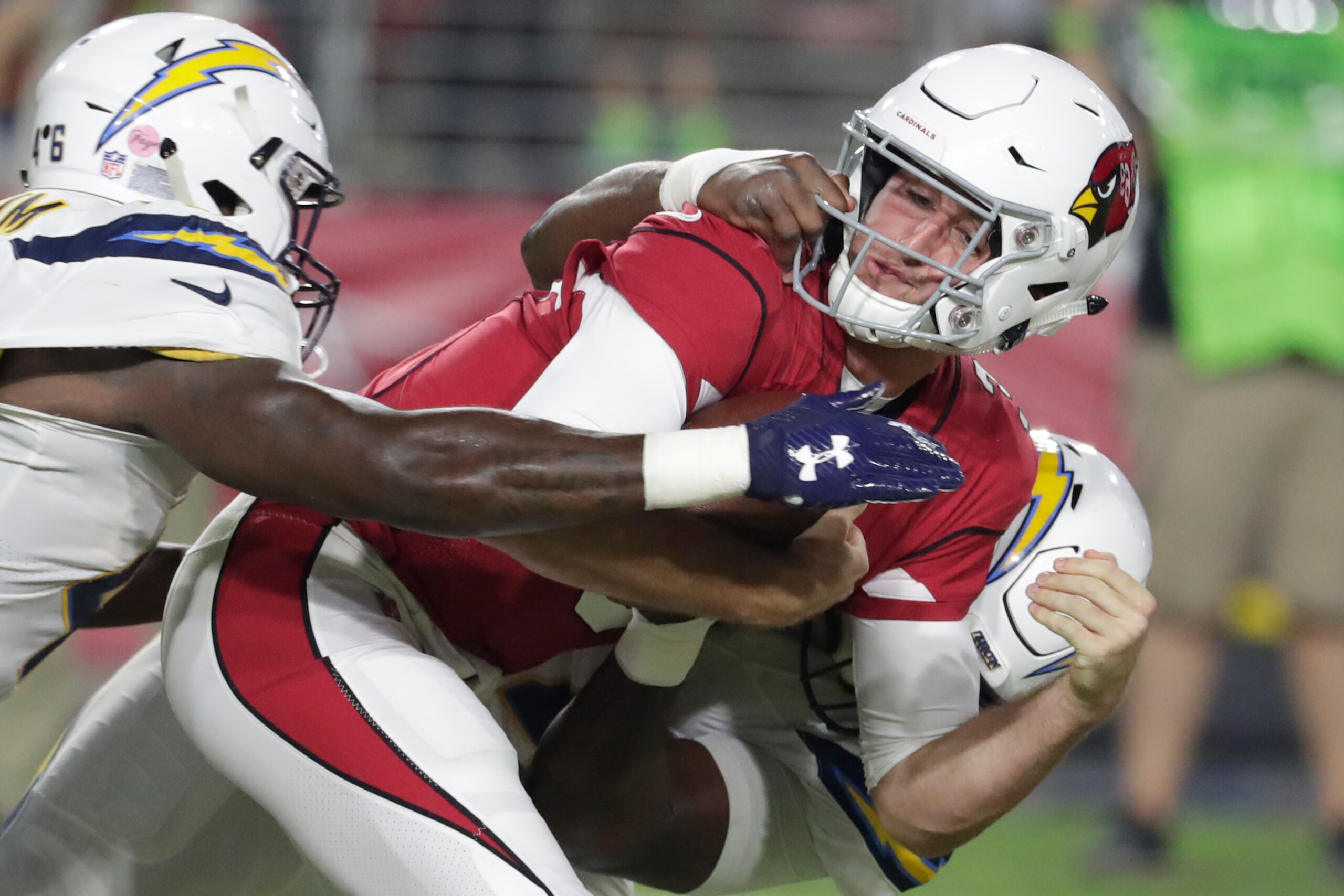 Josh Rosen struggled with the Chargers pass rush in his preseason debut. Josh Rosen struggled with the Chargers pass rush in his preseason debut.
