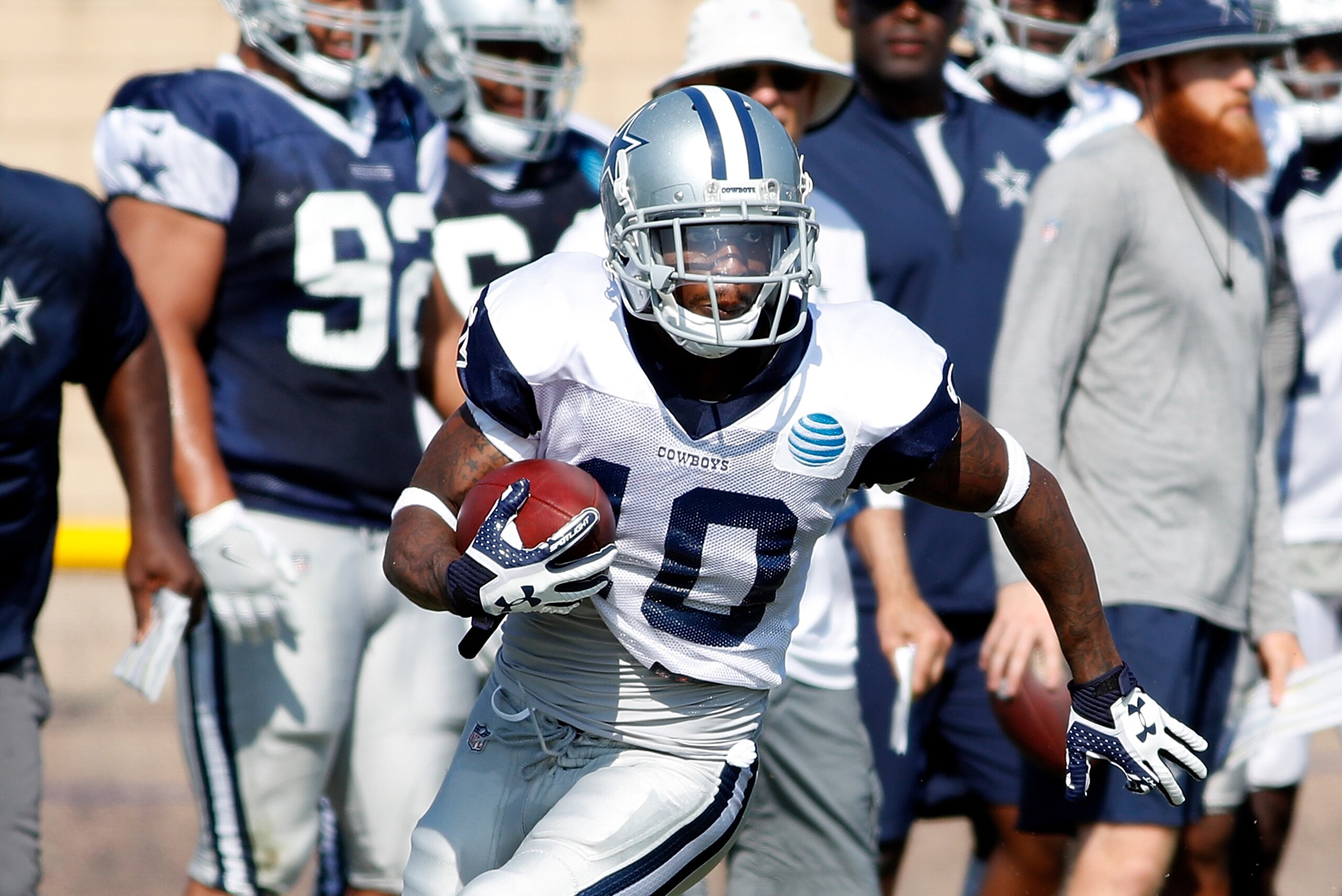 OXNARD, CA - AUGUST 02:  Tavon Austin #10 of the Dallas Cowboys runs the ball during training camp at River Ridge Playing Fields on August 2, 2018 in Oxnard, California.  (Photo by Josh Lefkowitz/Getty Images)