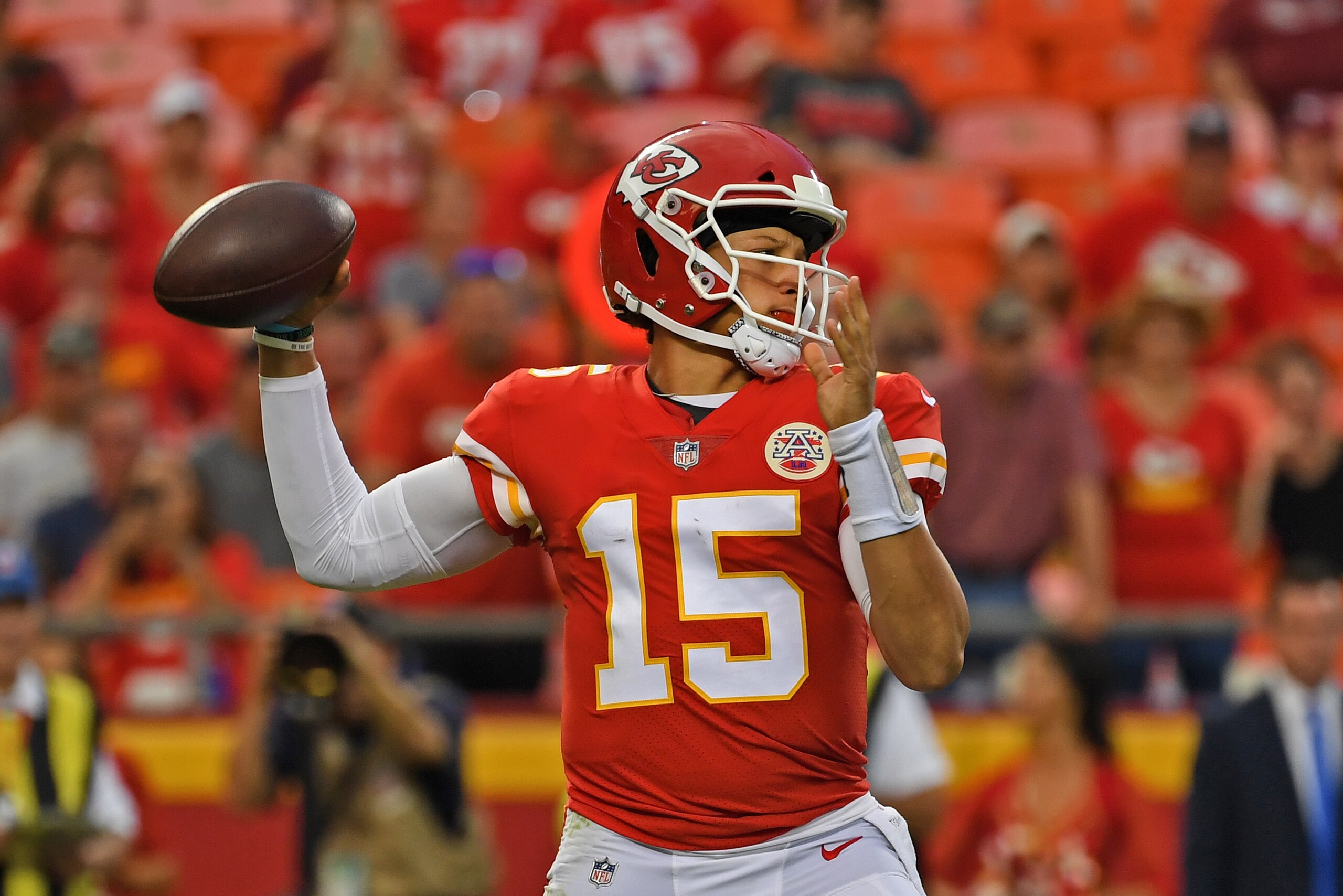 KANSAS CITY, MO - AUGUST 09: Quarterback Patrick Mahomes #15 of the Kansas City Chiefs drops back to pass during the first half against the Houston Texans at Arrowhead Stadium on August 9, 2018 in Kansas City, Missouri. (Photo by Peter G. Aiken/Getty Ima KANSAS CITY, MO - AUGUST 09: Quarterback Patrick Mahomes #15 of the Kansas City Chiefs drops back to pass during the first half against the Houston Texans at Arrowhead Stadium on August 9, 2018 in Kansas City, Missouri. (Photo by Peter G. Aiken/Getty Ima