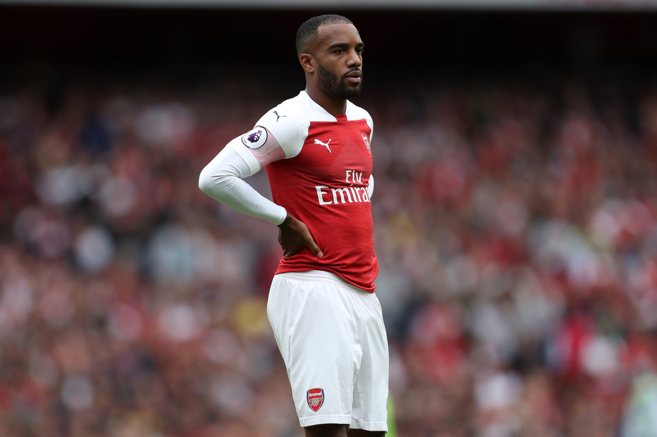 LONDON, ENGLAND - AUGUST 12: Alexandre Lacazette of Arsenal during the Premier League match between Arsenal FC and Manchester City at Emirates Stadium on August 12, 2018 in London, United Kingdom. (Photo by James Baylis - AMA/Getty Images)