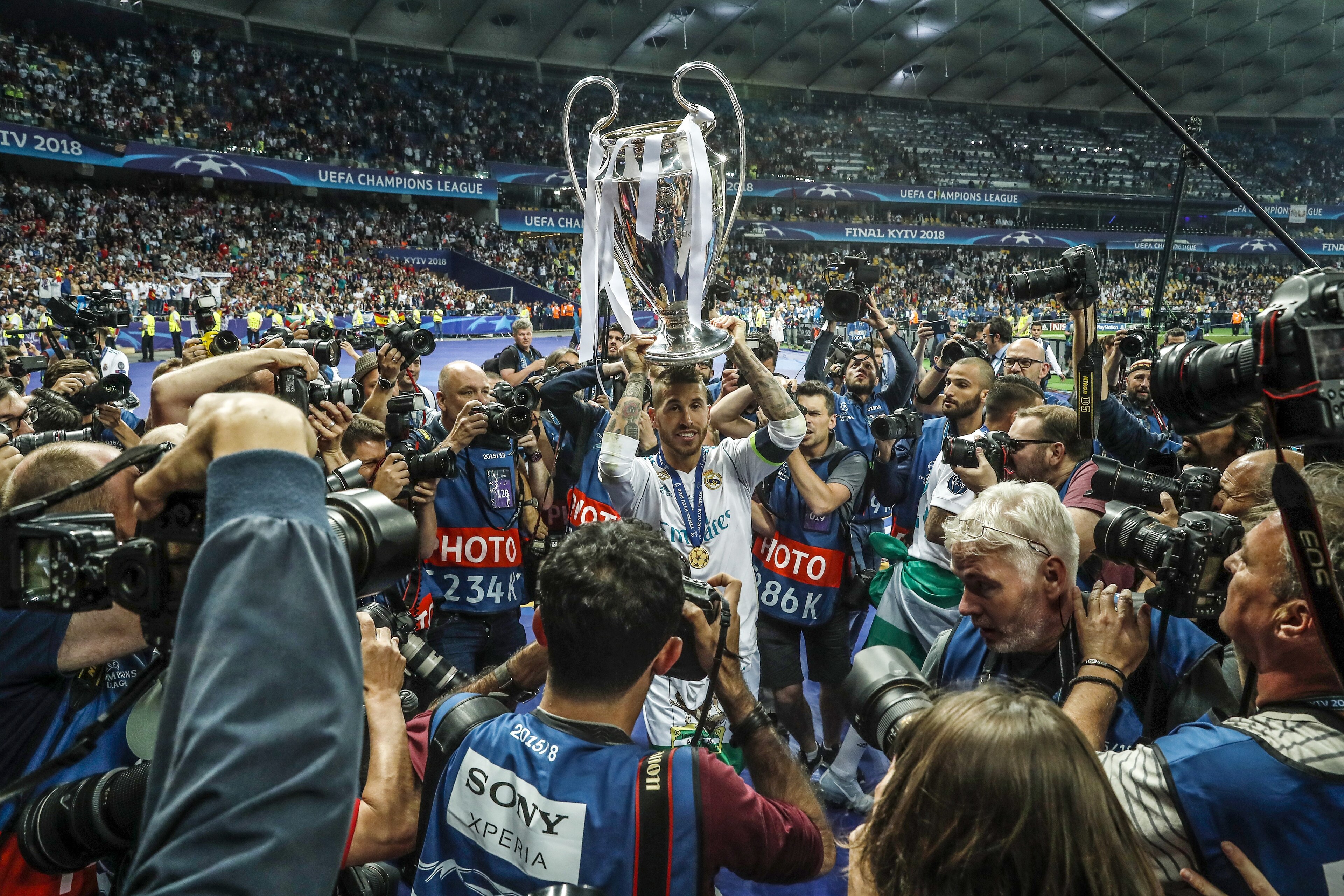 Sergio Ramos of Real Madrid with UEFA Champions League trophy, Coupe des clubs Champions Europeens during the UEFA Champions League final between Real Madrid and Liverpool on May 26, 2018 at NSC Olimpiyskiy Stadium in Kyiv, Ukraine(Photo by VI Images via 