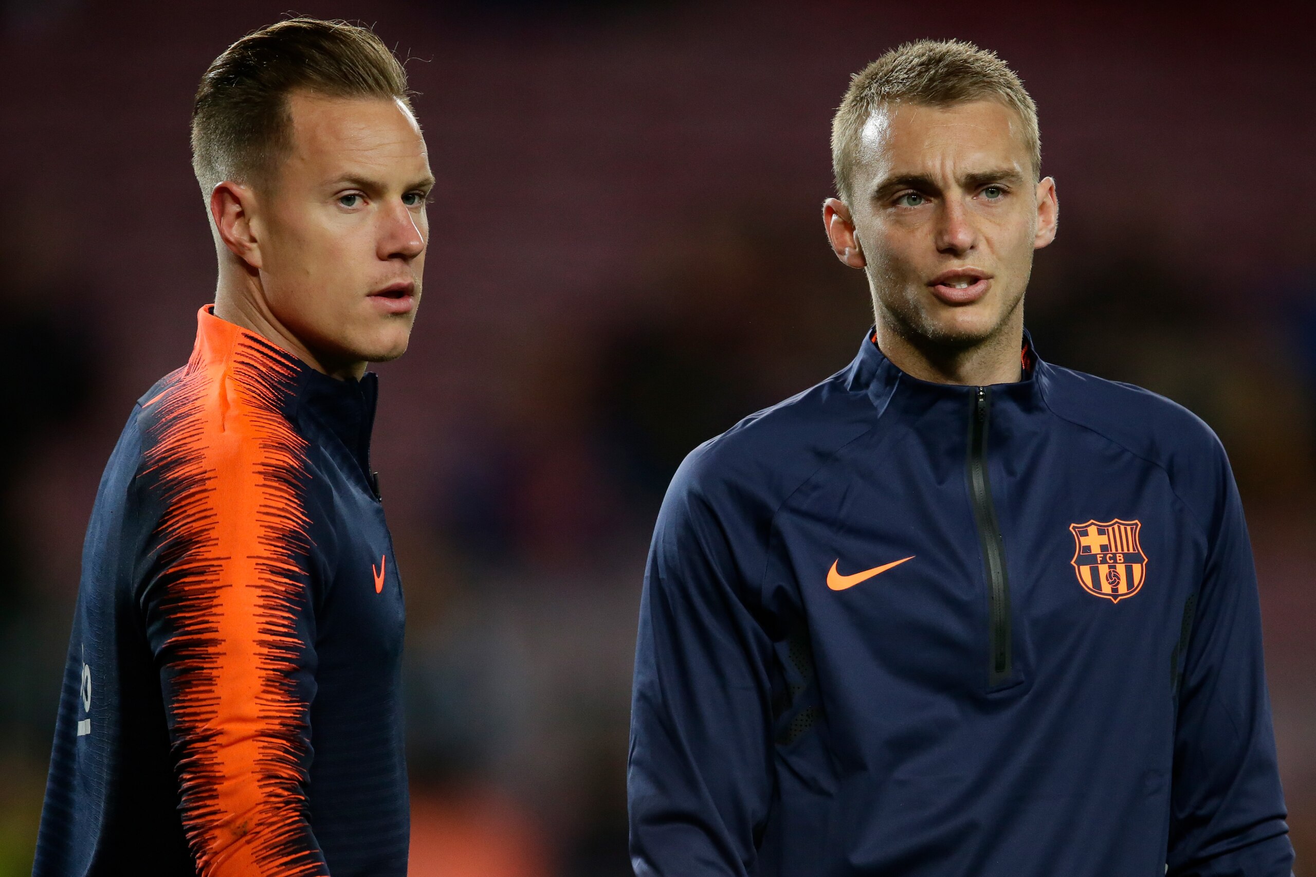 BARCELONA, SPAIN - FEBRUARY 24: (L-R) Marc Andre ter Stegen of FC Barcelona, Jasper Cillessen of FC Barcelona during the La Liga Santander  match between FC Barcelona v Girona at the Camp Nou on February 24, 2018 in Barcelona Spain (Photo by Eric Verhoeve