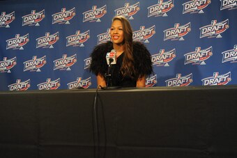 BRISTOL, CT - APRIL 11:  The number two overall pick Elizabeth Cambage of the Tulsa Shock talks to the media during the 2011 WNBA Draft Presented By Adidas on April 11, 2011 at ESPN in Bristol, Connecticut.  NOTE TO USER: User expressly acknowledges and a