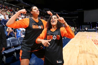 MINNEAPOLIS - JULY 27: Liz Cambage #8 and Skylar Diggins-Smith #4 of Team Parker pose for a photograph during practice during WNBA All-Star Practice and Media Availability 2018 on July 27, 2018 at the Target Center in Minneapolis, Minnesota. NOTE TO USER: