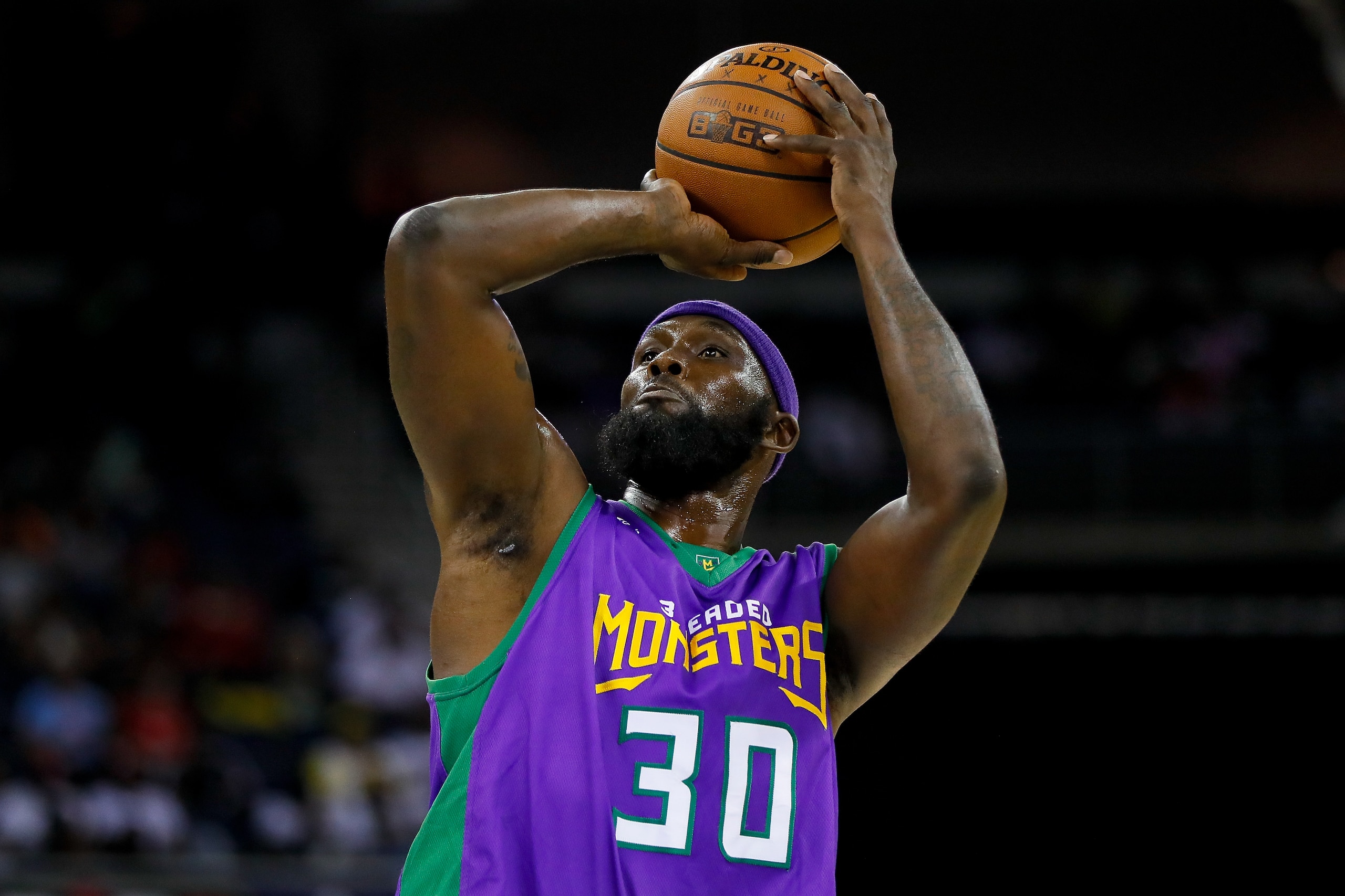 DULUTH, GA - AUGUST 10:  Reggie Evans #30 the 3 Headed Monsters shoots a free throw against the Ghost Ballers during week eight of the BIG3 three on three basketball league at Infinite Energy Arena on August 10, 2018 in Duluth, Georgia.  (Photo by Kevin C