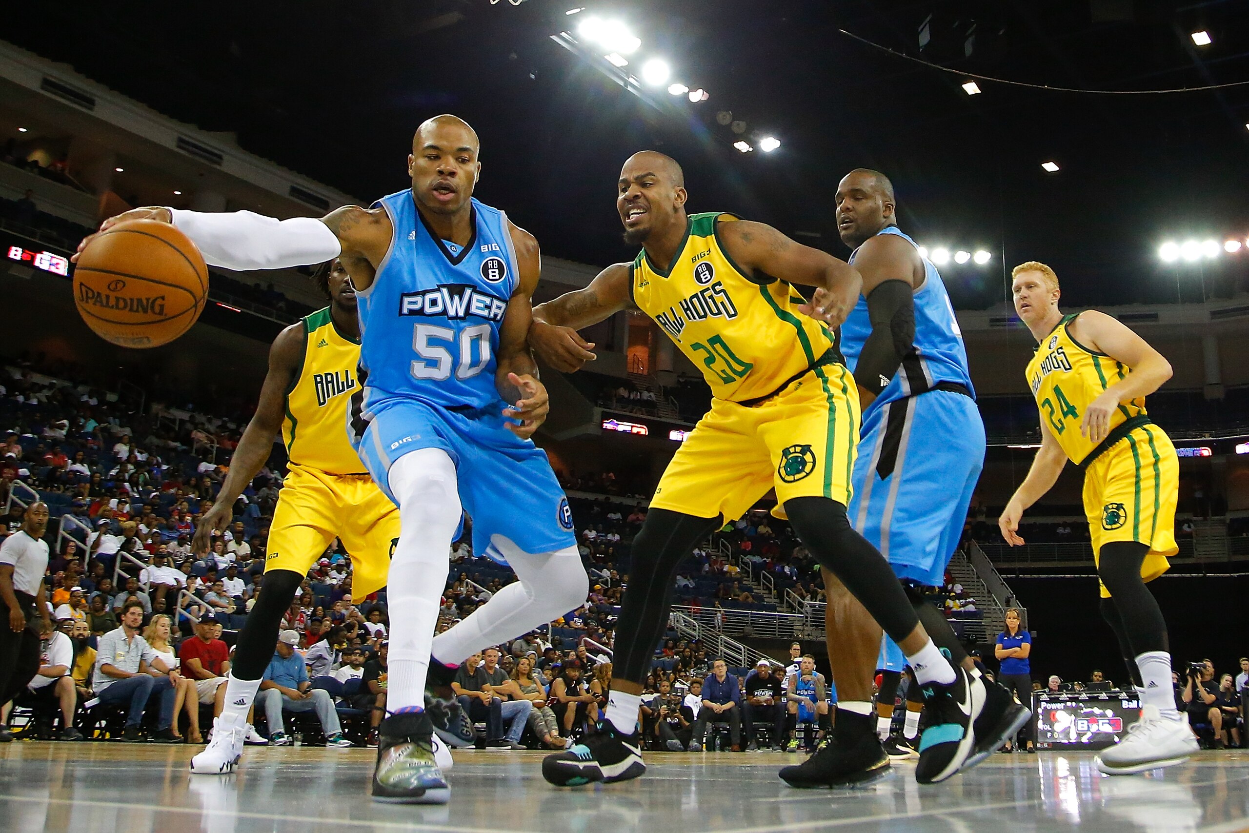 DULUTH, GA - AUGUST 10:  Corey Maggette #50 of the Power grabs a rebound against the Ball Hogs during week eight of the BIG3 three on three basketball league at Infinite Energy Arena on August 10, 2018 in Duluth, Georgia.  (Photo by Kevin C. Cox/Getty Ima