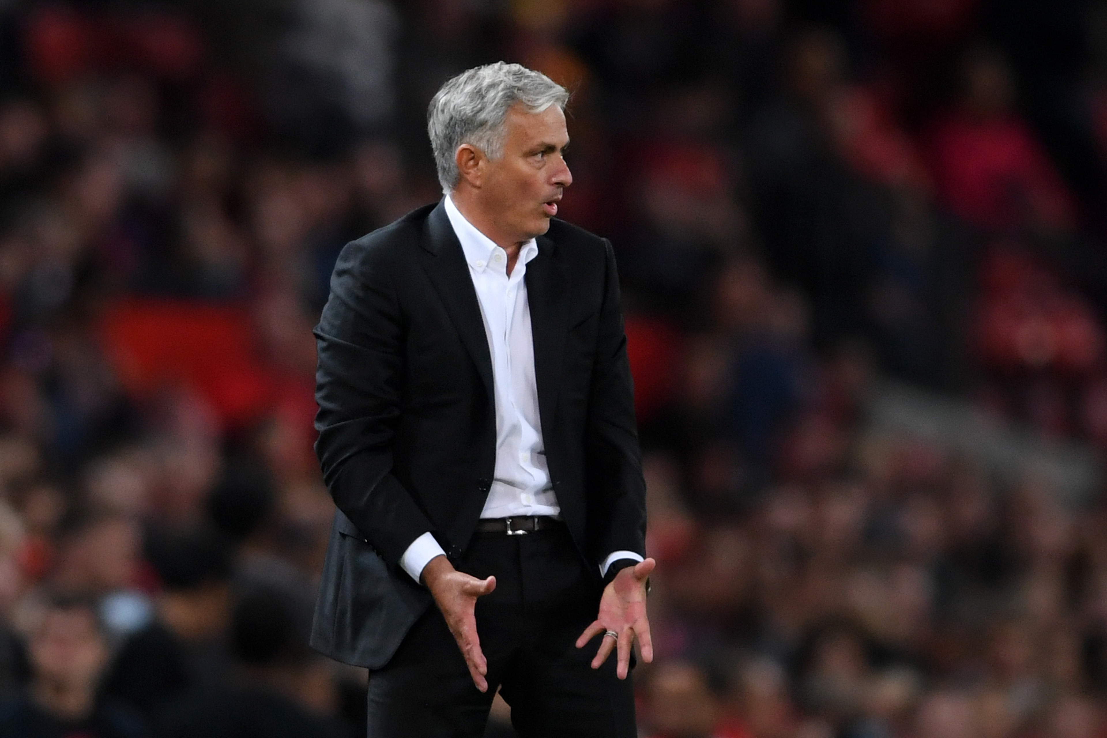 MANCHESTER, ENGLAND - AUGUST 10:  Jose Mourinho, Manager of Manchester United reacts during the Premier League match between Manchester United and Leicester City at Old Trafford on August 10, 2018 in Manchester, United Kingdom.  (Photo by Laurence Griffit