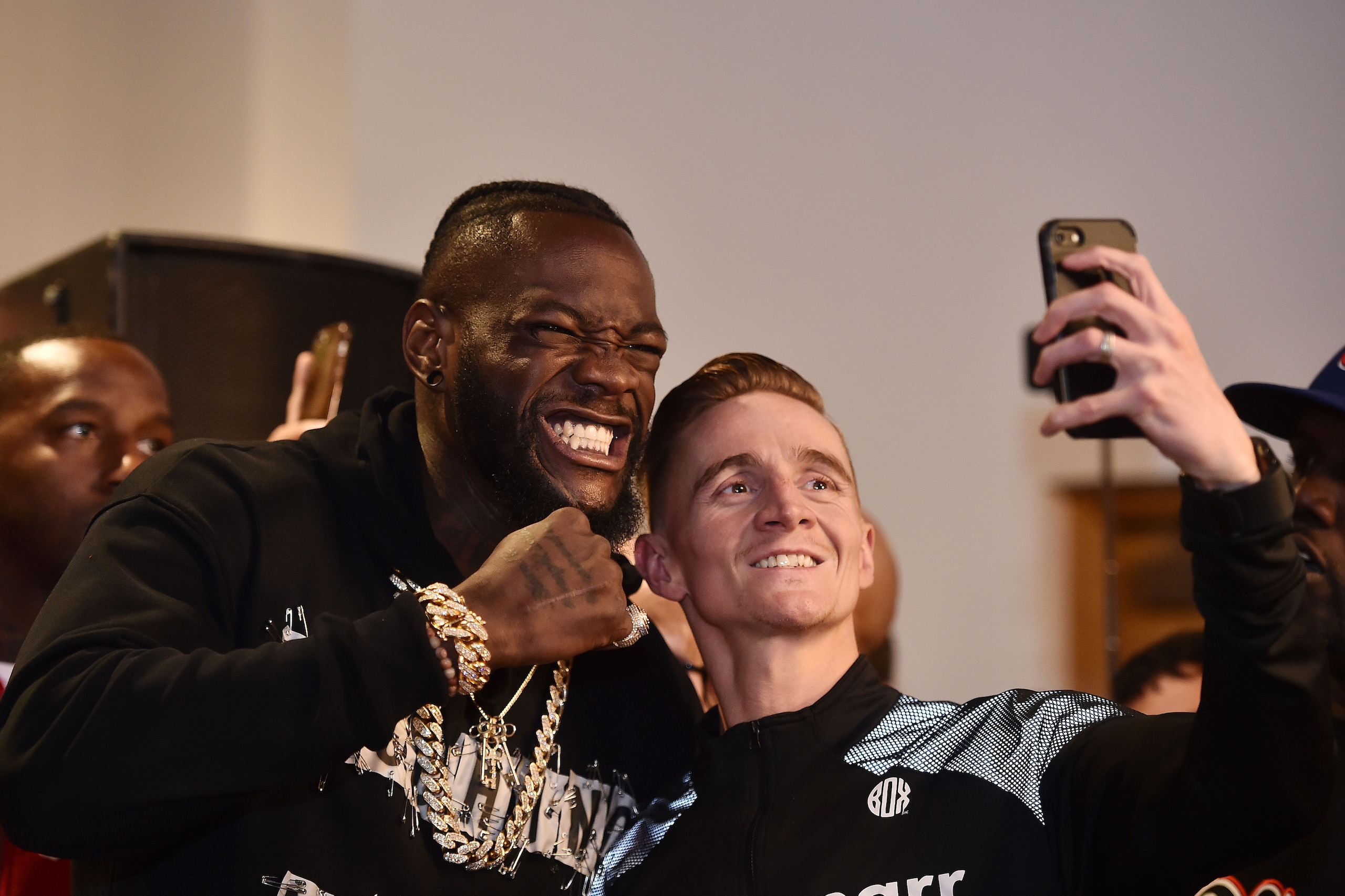 BELFAST, NORTHERN IRELAND - AUGUST 17: Deontay Wilder poses for a selfie during Tyson Fury's weigh in for his fight with Francesco Pianeta on August 17, 2018 in Belfast, Northern Ireland. Windsor park will host the Frampton boxing bill on Saturday night w