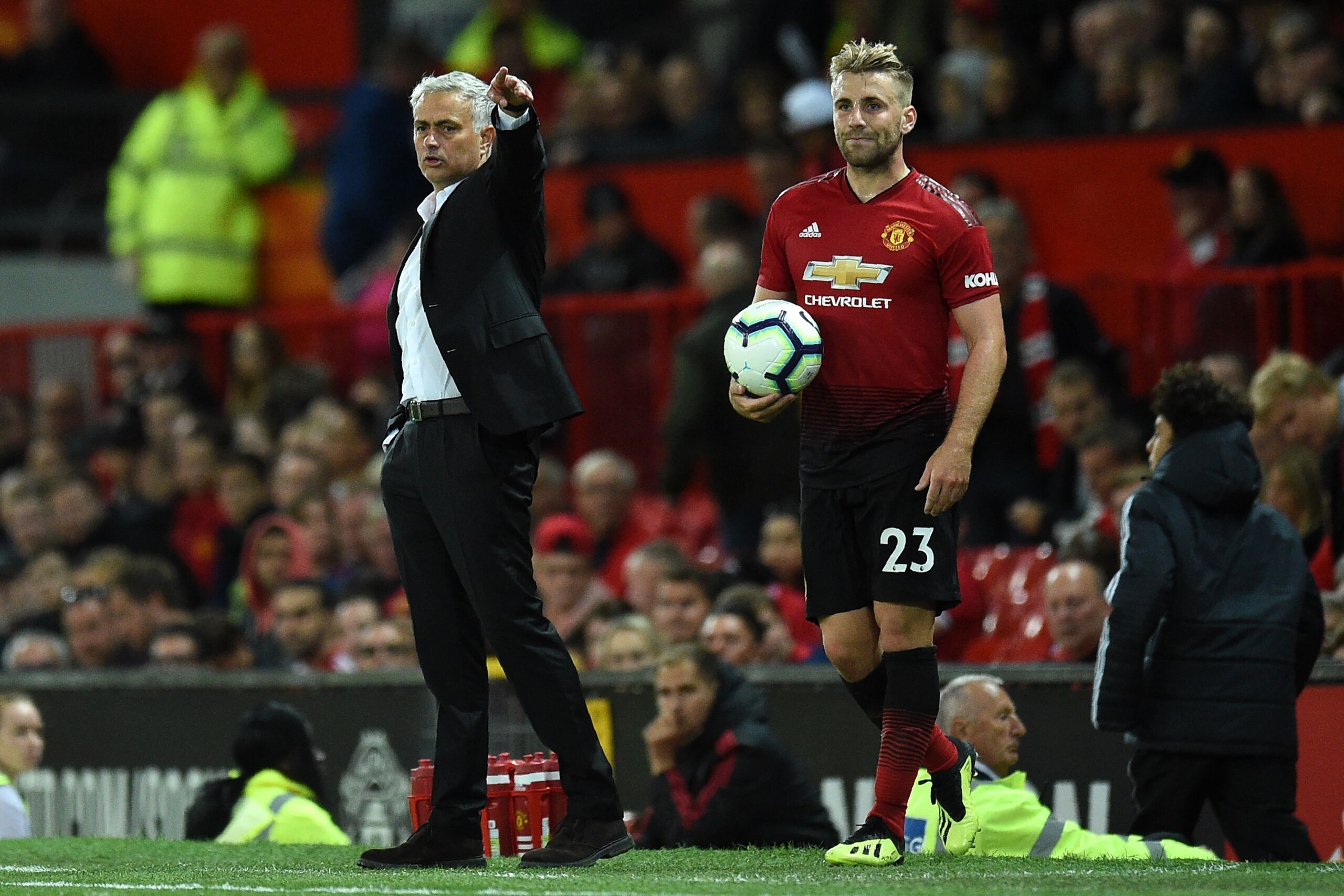 Manchester United's Portuguese manager Jose Mourinho (L) gestures alongside Manchester United's English defender Luke Shaw during the English Premier League football match between Manchester United and Leicester City at Old Trafford in Manchester, north w Manchester United's Portuguese manager Jose Mourinho (L) gestures alongside Manchester United's English defender Luke Shaw during the English Premier League football match between Manchester United and Leicester City at Old Trafford in Manchester, north w