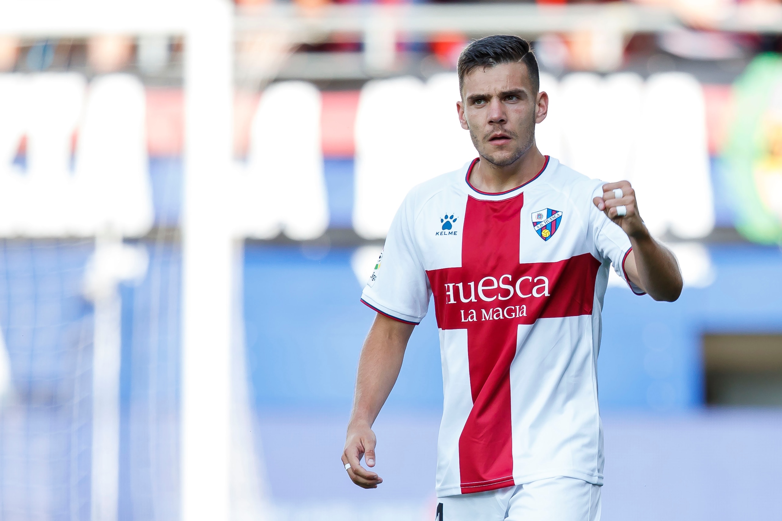 EIBAR, SPAIN - AUGUST 19: Alex Gallar of SD Huesca celebrates 0-1 during the La Liga Santander  match between Eibar v SD Huesca at the Estadio Municipal de Ipurua on August 19, 2018 in Eibar Spain (Photo by David S. Bustamante/Soccrates/Getty Images)