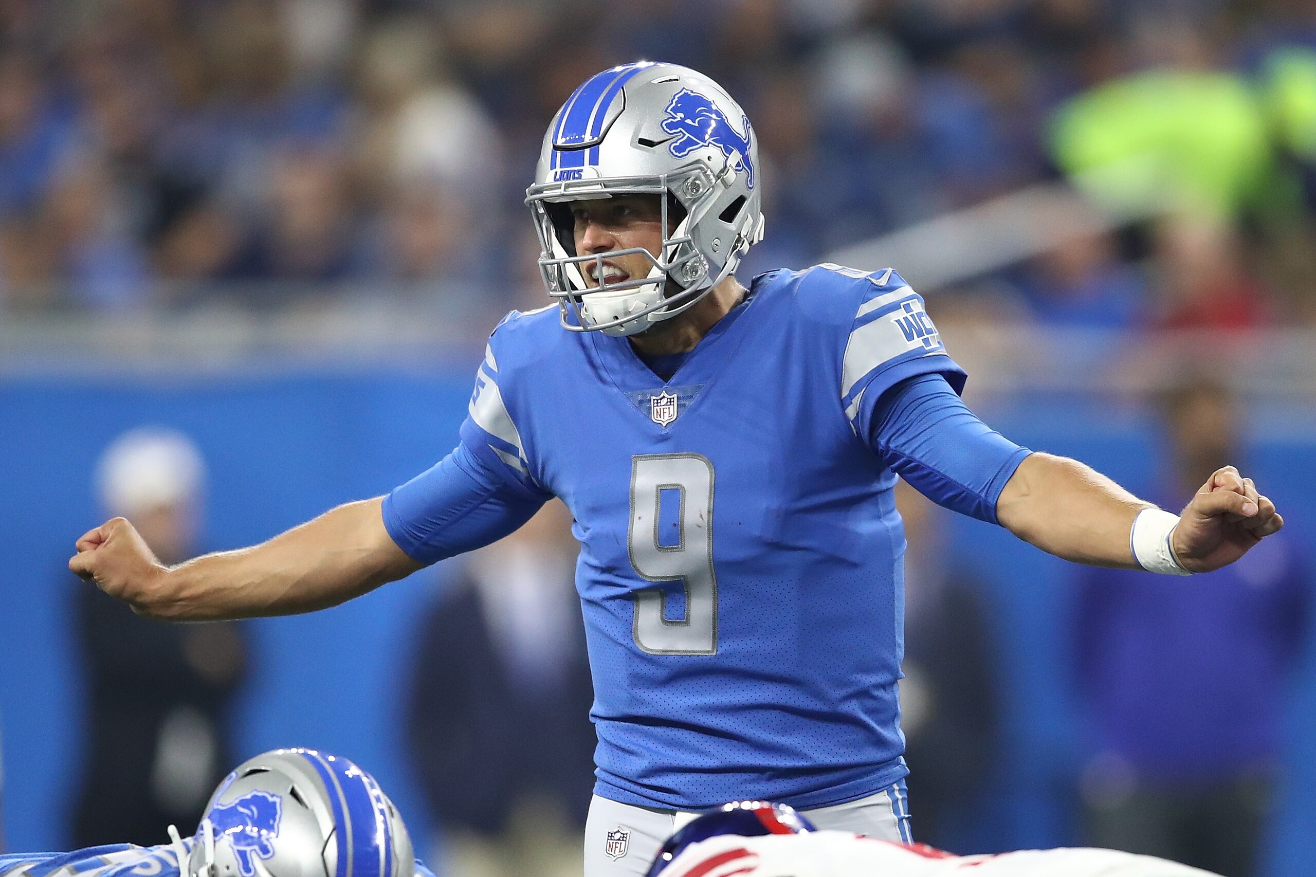 DETROIT, MI - AUGUST 17: Matthew Stafford #9 of the Detroit Lions calls signals in the first half while playing the New York Giants during a pre season game at Ford Field on August 17, 2017 in Detroit, Michigan. (Photo by Gregory Shamus/Getty Images)