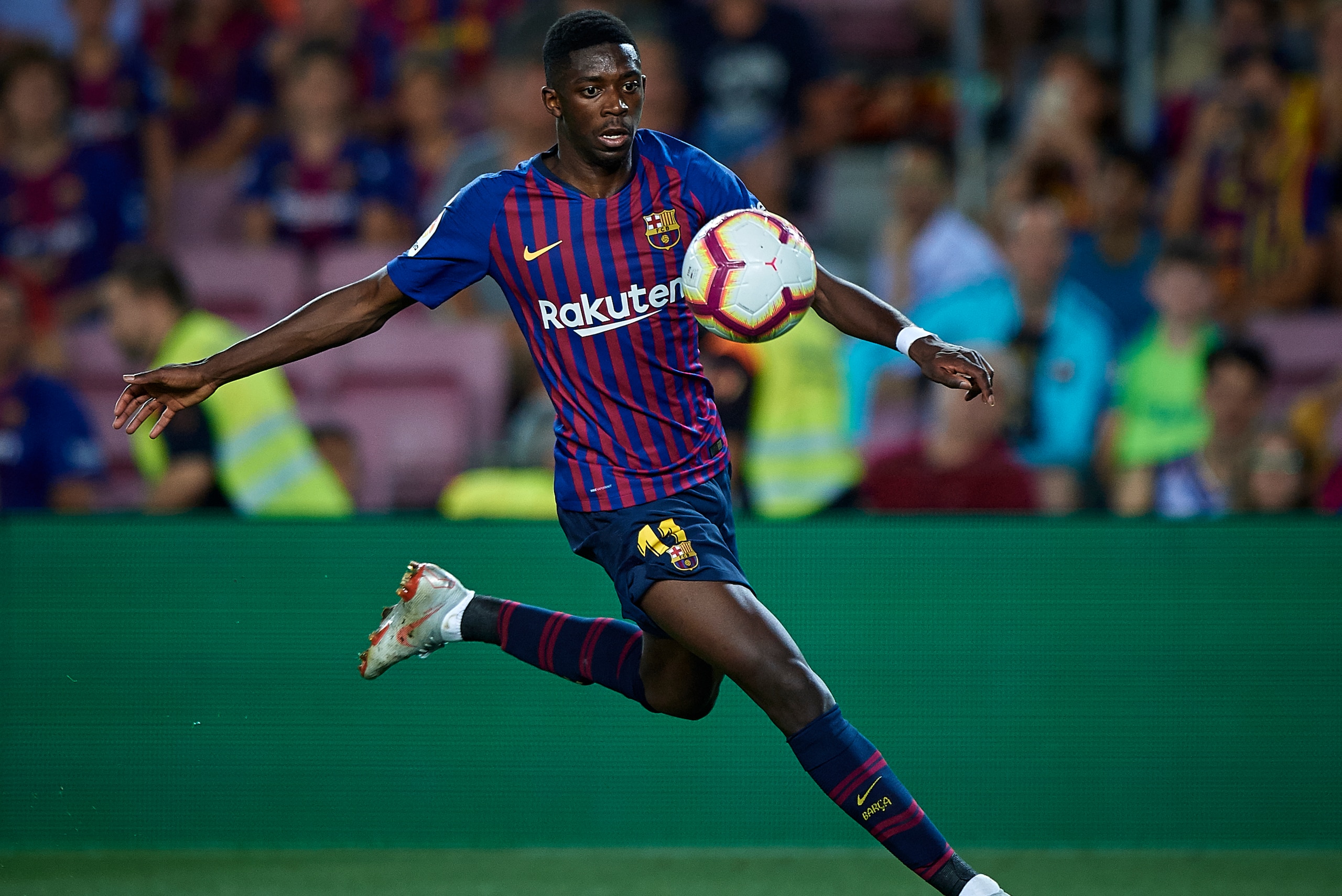 BARCELONA, SPAIN - AUGUST 18:  Ousmane Dembele of Barcelona in action during the La Liga match between FC Barcelona and Deportivo Alaves at Camp Nou on August 18, 2018 in Barcelona, Spain.  (Photo by Quality Sport Images/Getty Images)