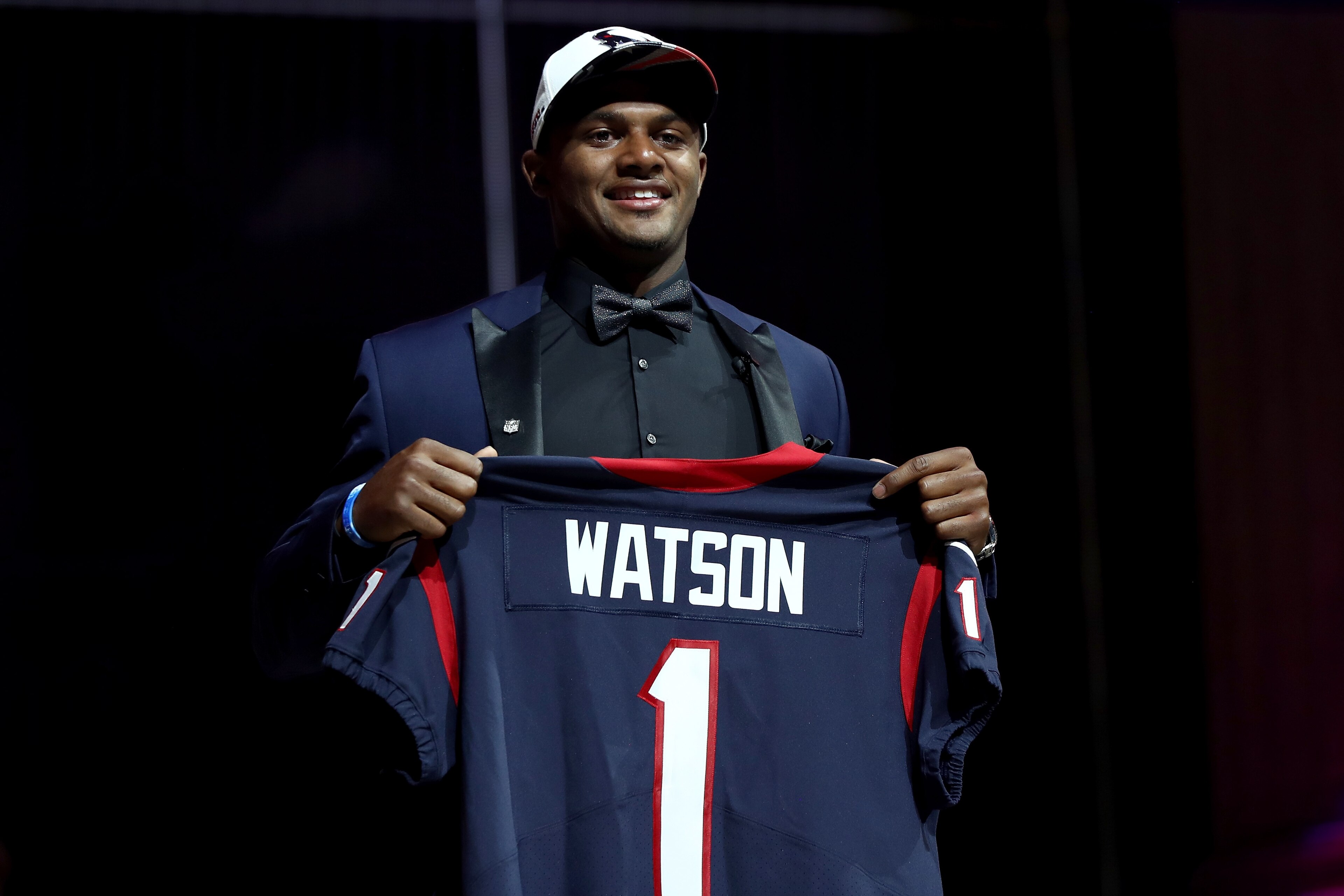 PHILADELPHIA, PA - APRIL 27:  Deshaun Watson of Clemson reacts after being picked #12 overall by the Houston Texans during the first round of the 2017 NFL Draft at the Philadelphia Museum of Art on April 27, 2017 in Philadelphia, Pennsylvania.  (Photo by 