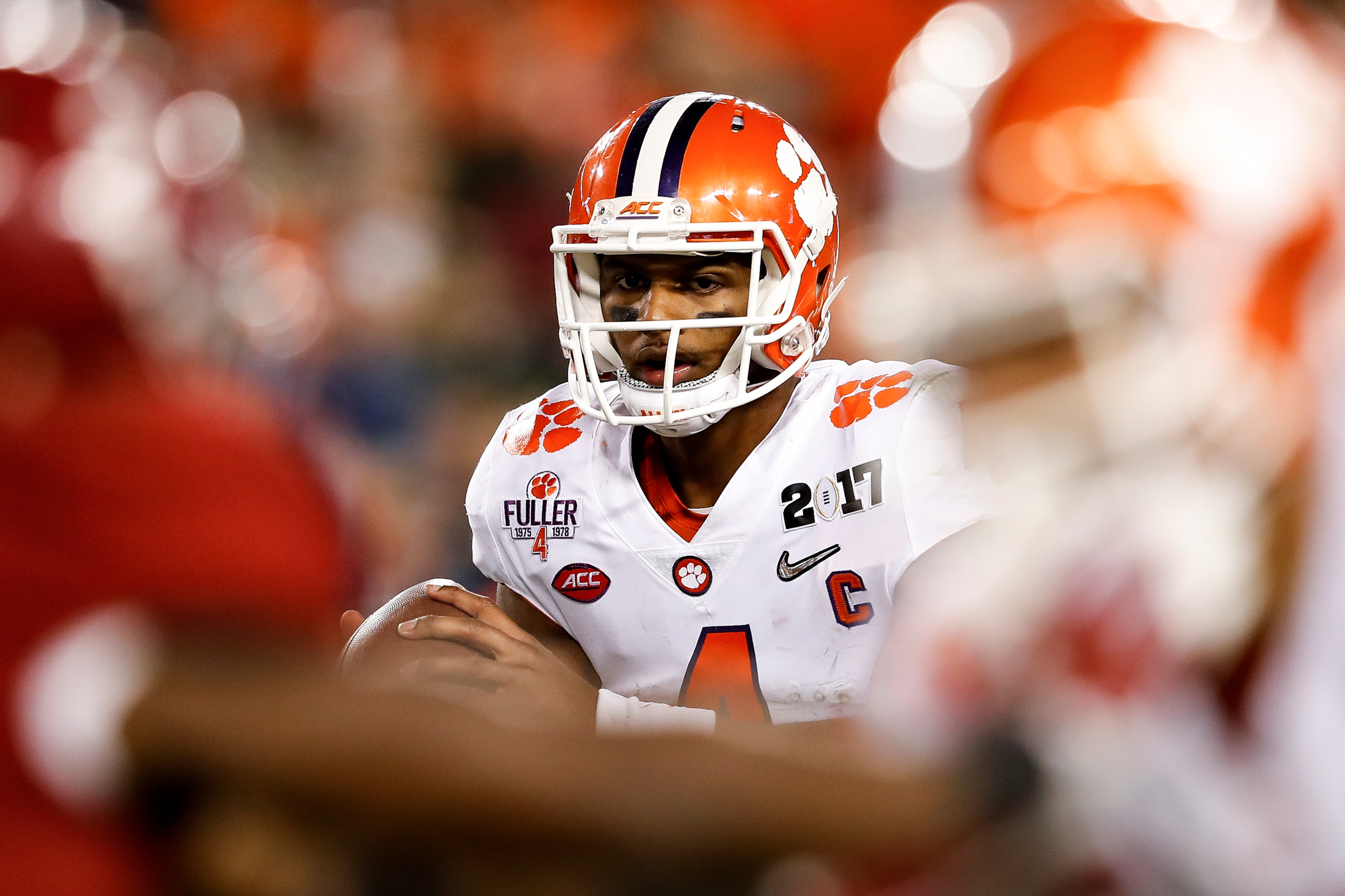TAMPA, FL - JANUARY 09: Quarterback Deshaun Watson #4 of the Clemson Tigers on a passing play during the 2017 College Football Playoff National Championship Game against the Alabama Crimson Tide at Raymond James Stadium on January 9, 2017 in Tampa, Florid
