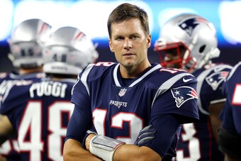 FOXBOROUGH, MA - AUGUST 9 : Tom Brady #12 of the New England Patriots looks on during the preseason game between the New England Patriots and the Washington Redskins at Gillette Stadium on August 9, 2018 in Foxborough, Massachusetts. (Photo by Maddie Meye