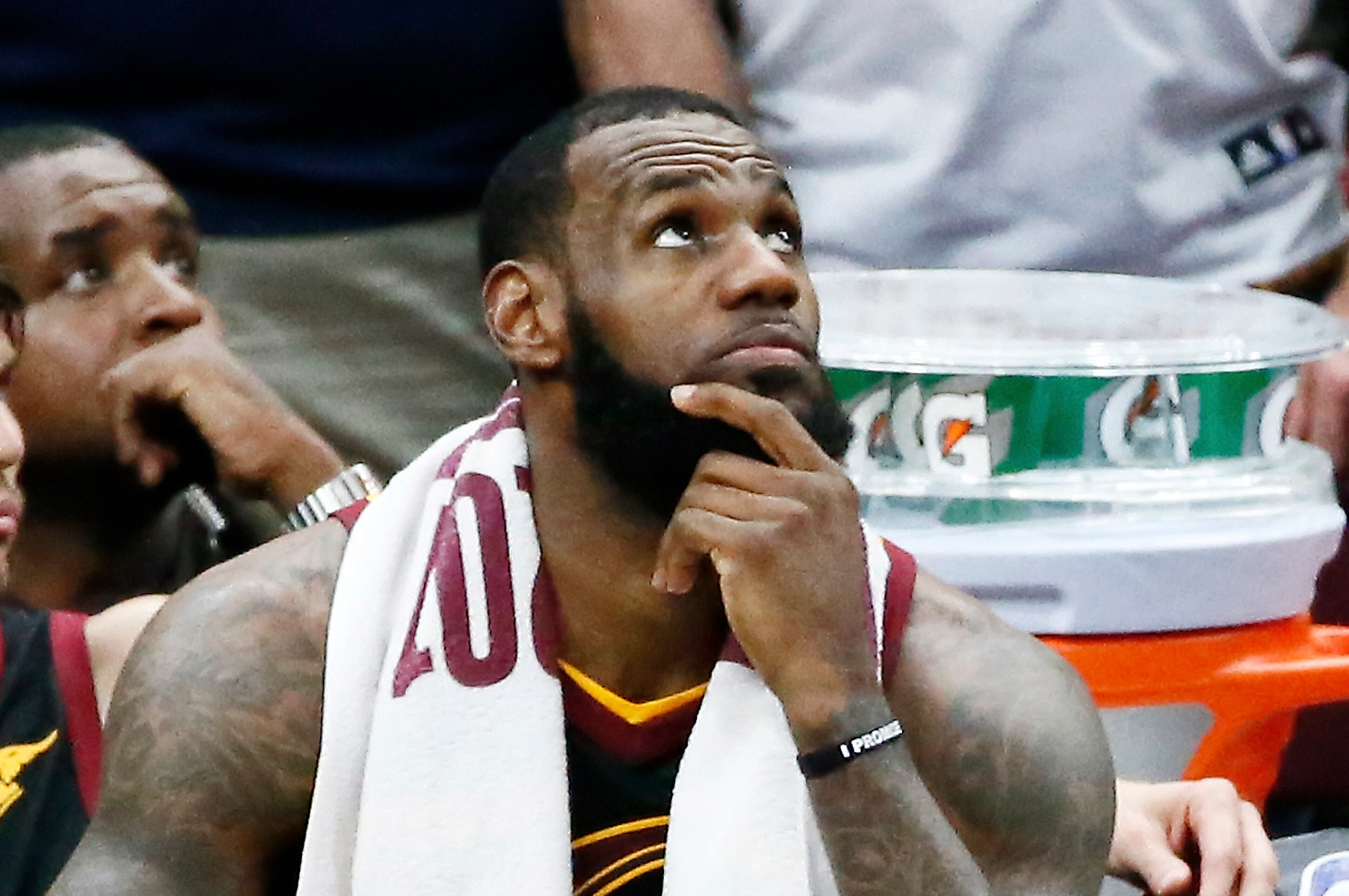CLEVELAND, CA - JUN 8:  LeBron James #23 of the Cleveland Cavaliers looks on against the Golden State Warriors in Game Four of the 2018 NBA Finals won 108-85 by the Golden State Warriors over the Cleveland Cavaliers at the Quicken Loans Arena on June 6, 2