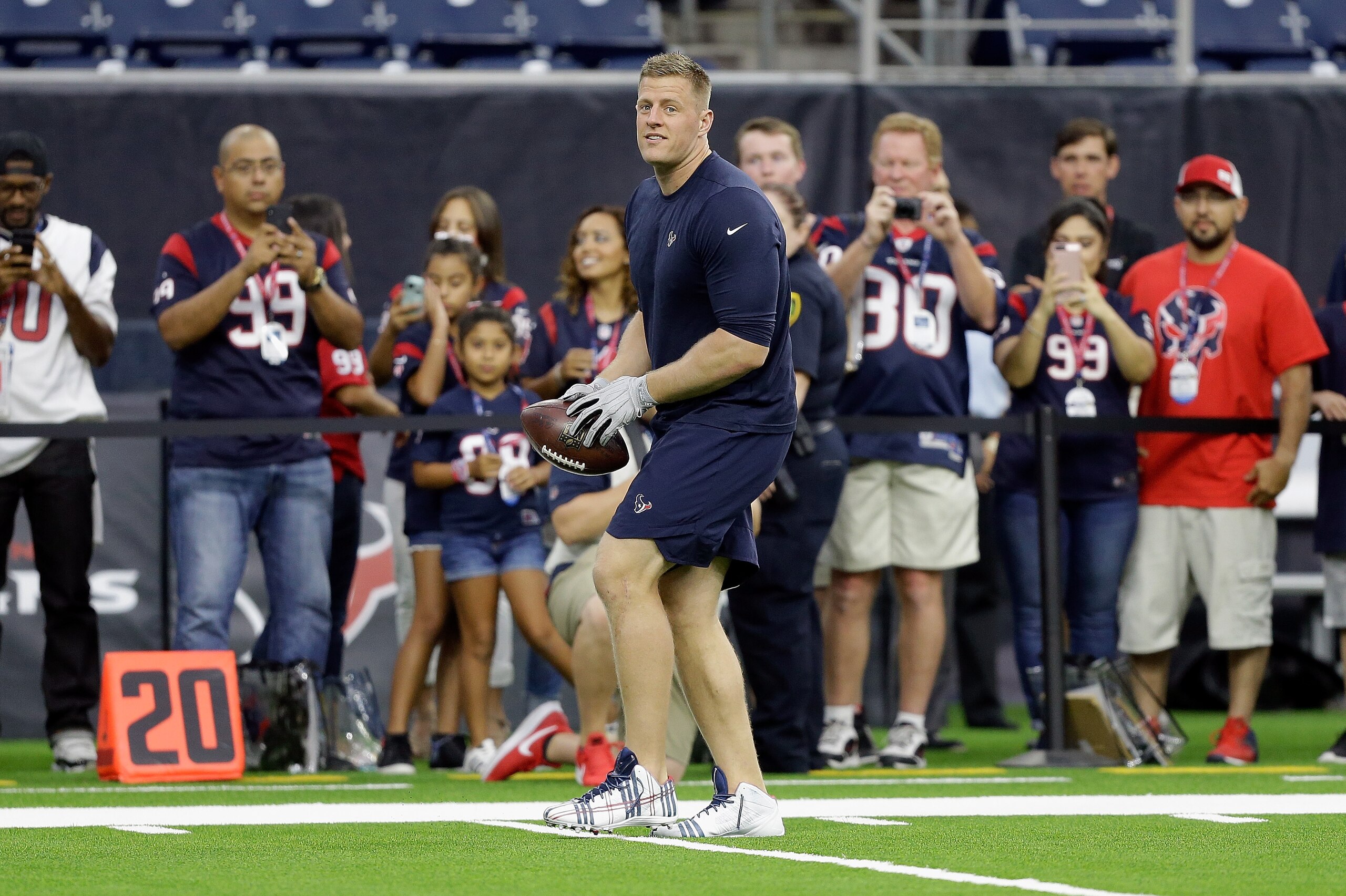 HOUSTON, TX - AUGUST 18: J.J. Watt #99 of the Houston Texans warms up before a preseason football game against the San Francisco 49ers at NRG Stadium on August 18, 2018 in Houston, Texas. (Photo by Bob Levey/Getty Images)