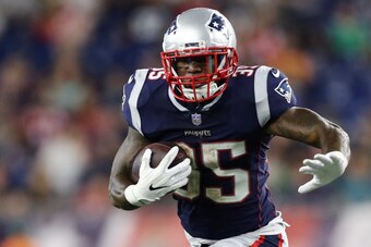 FOXBOROUGH, MA - AUGUST 9 : Mike Gillislee #35 of the New England Patriots in action during the preseason game between the New England Patriots and the Washington Redskins at Gillette Stadium on August 9, 2018 in Foxborough, Massachusetts. (Photo by Maddi