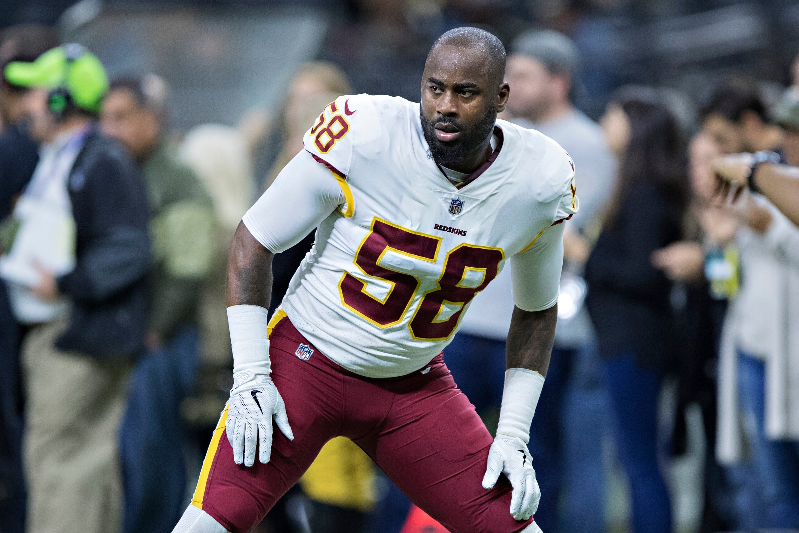 NEW ORLEANS, LA - NOVEMBER 19:  Junior Galette #58 of the Washington Redskins warming up before a game against the New Orleans Saints at Mercedes-Benz Superdome on November 19, 2017 in New Orleans, Louisiana.  Saints defeated the Redskins 34-31.  (Photo b