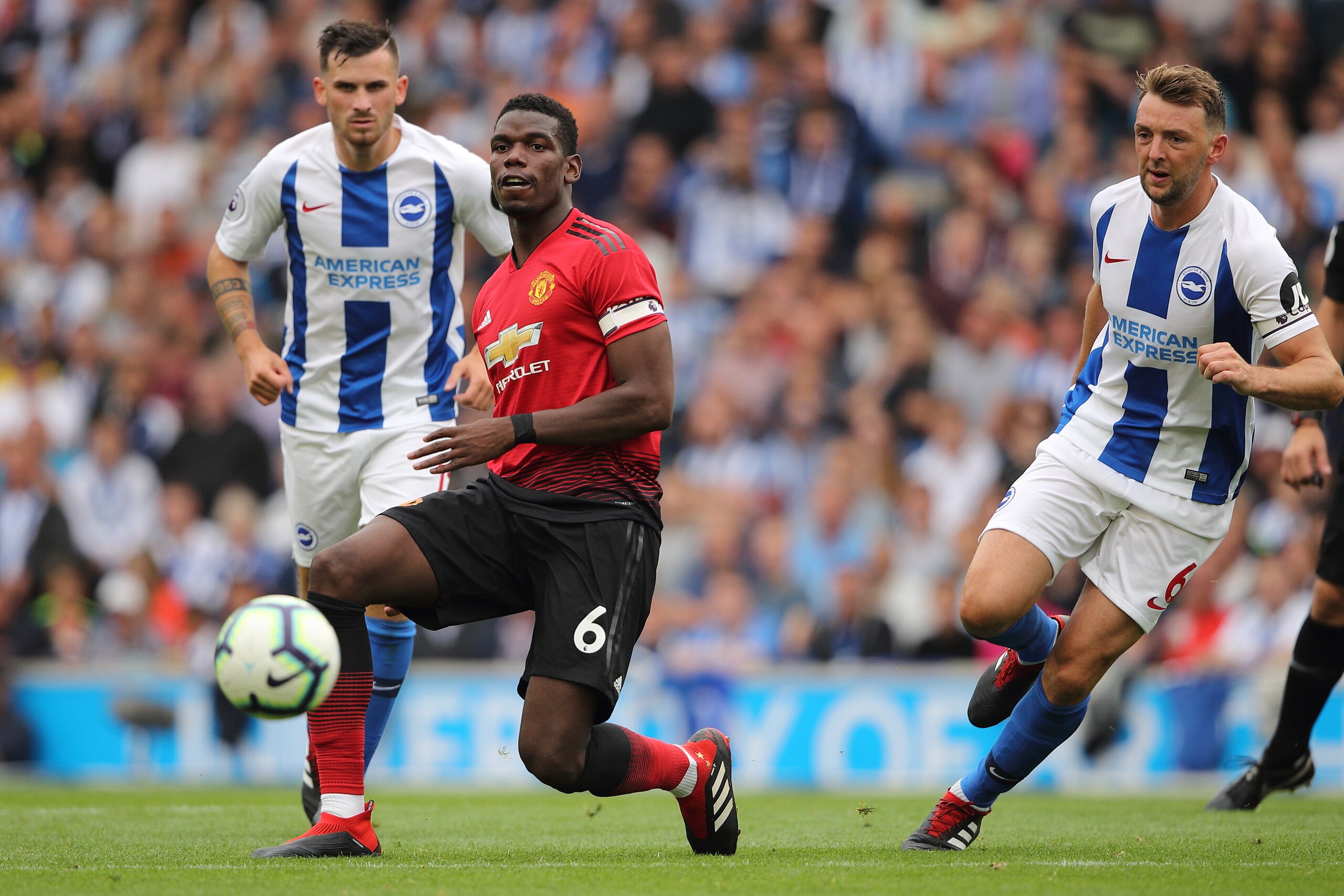 BRIGHTON, ENGLAND - AUGUST 19: Paul Pogba of Manchester United during the Premier League match between Brighton & Hove Albion and Manchester United at American Express Community Stadium on August 19, 2018 in Brighton, United Kingdom. (Photo by Matthew Ash