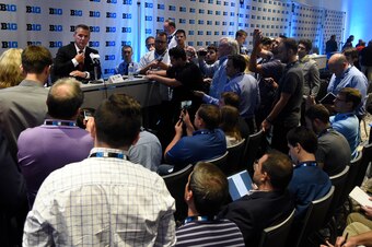 Meyer answering questions at Big Ten media days in Chicago