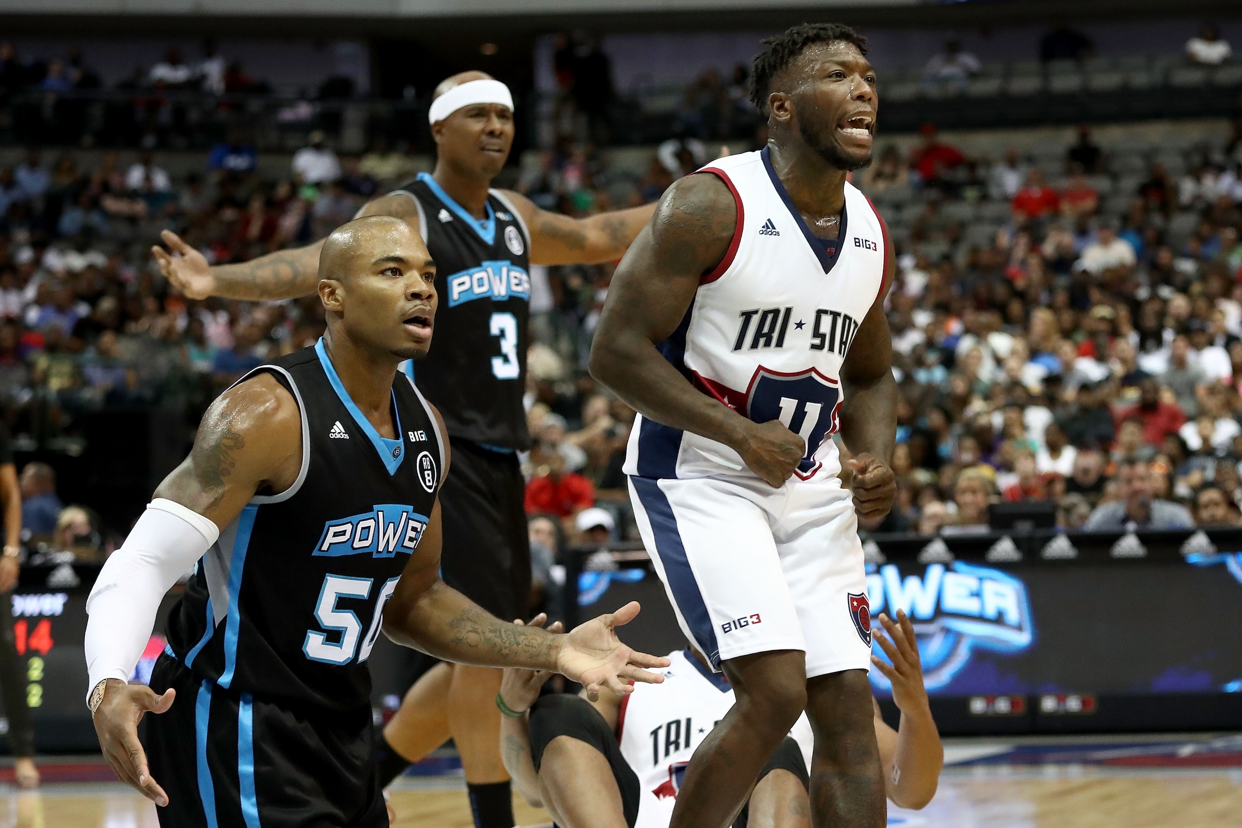DALLAS, TX - AUGUST 17: Nate Robinson #11 of Tri-State and Corey Maggette #50 of Power react to a call during week nine of the BIG3 three-on-three basketball league at the American Airlines Center on August 17, 2018 in Dallas, Texas. (Photo by Ronald Ma DALLAS, TX - AUGUST 17: Nate Robinson #11 of Tri-State and Corey Maggette #50 of Power react to a call during week nine of the BIG3 three-on-three basketball league at the American Airlines Center on August 17, 2018 in Dallas, Texas. (Photo by Ronald Ma